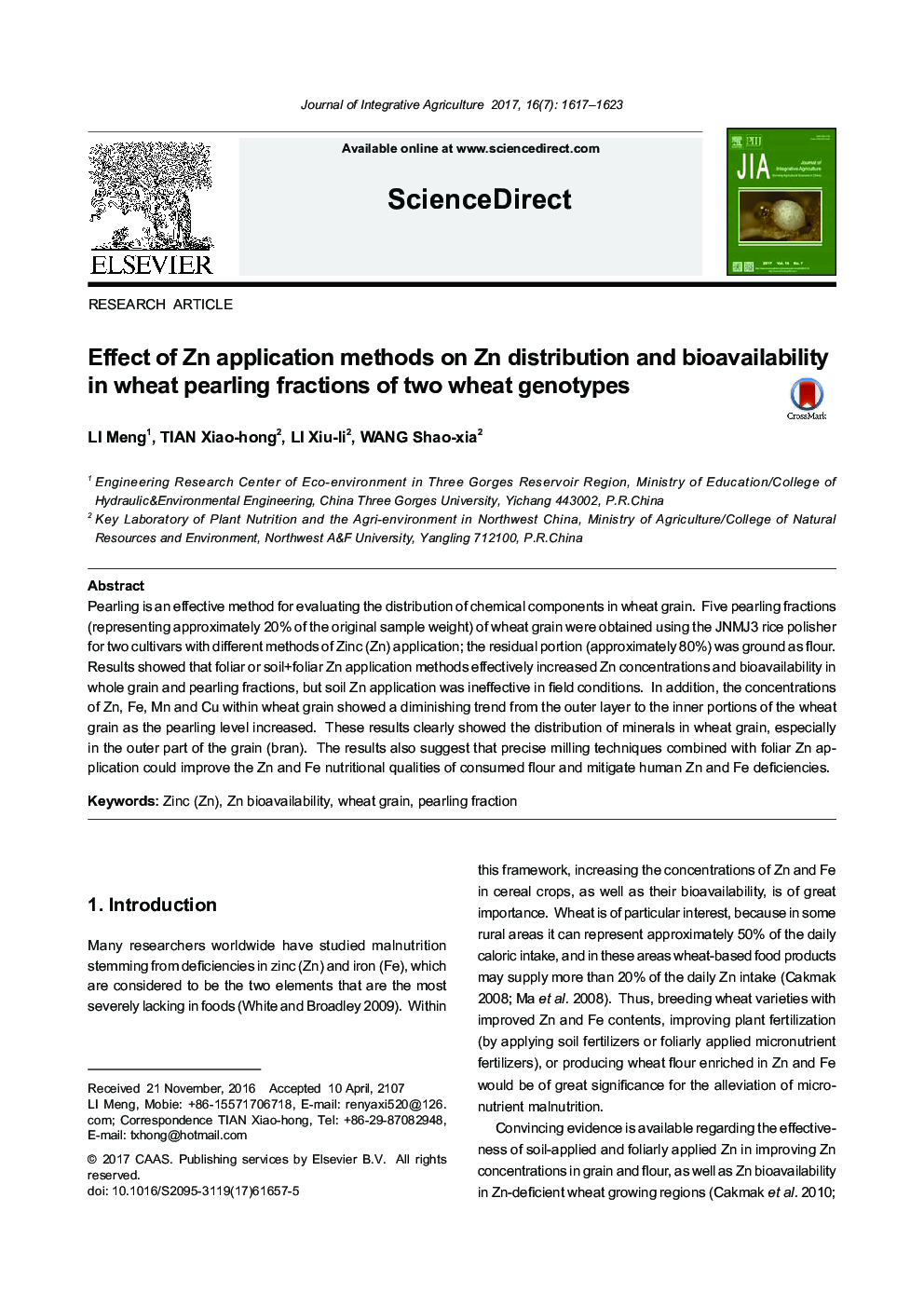 Effect of Zn application methods on Zn distribution and bioavailability in wheat pearling fractions of two wheat genotypes
