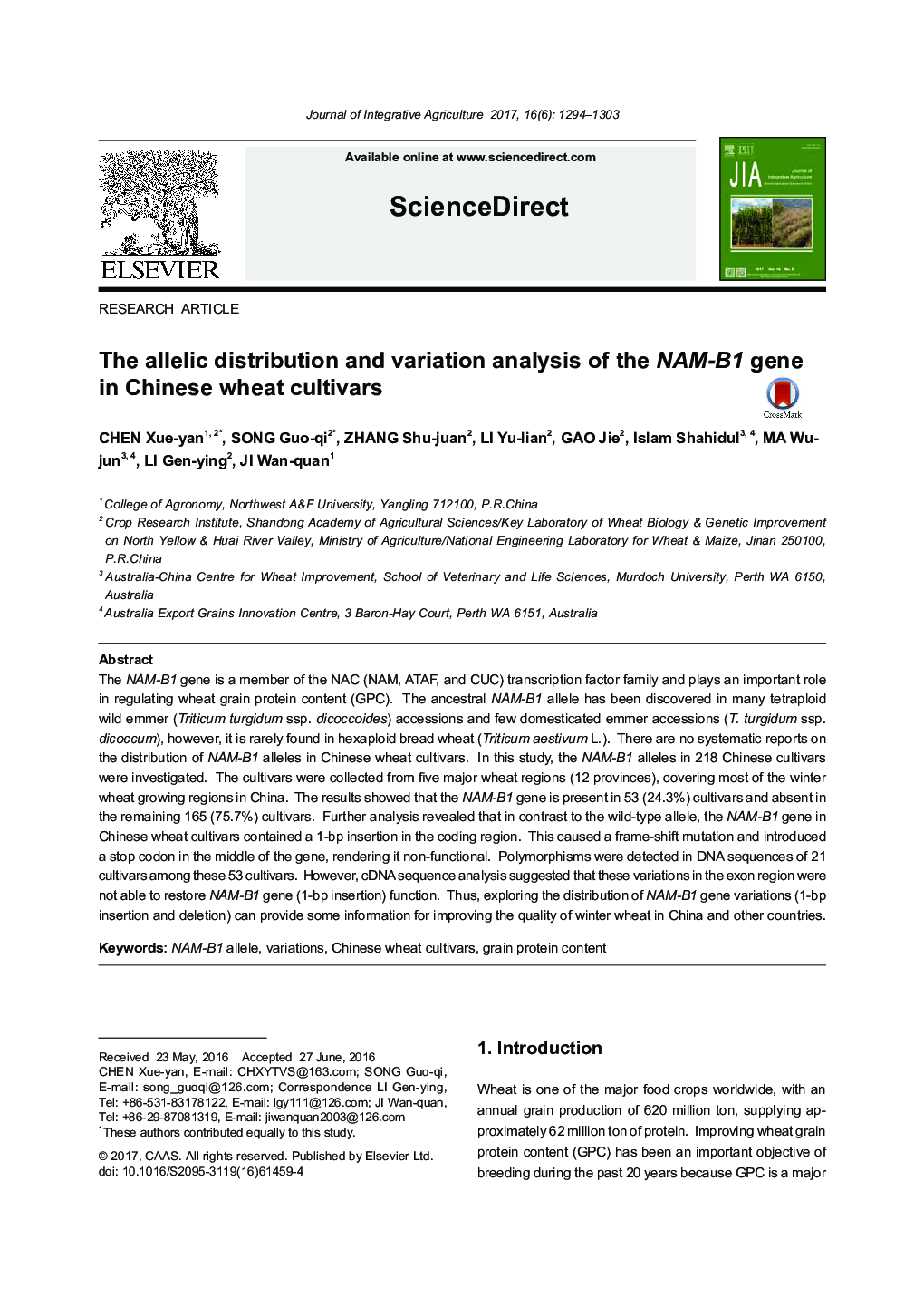 The allelic distribution and variation analysis of the NAM-B1 gene in Chinese wheat cultivars