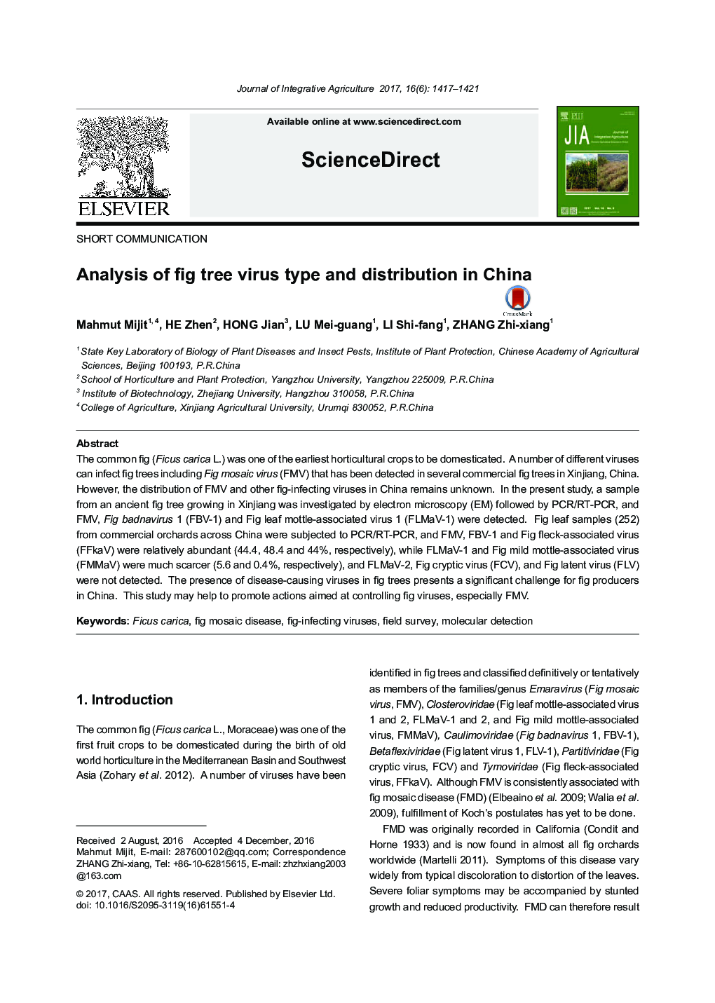 Analysis of fig tree virus type and distribution in China