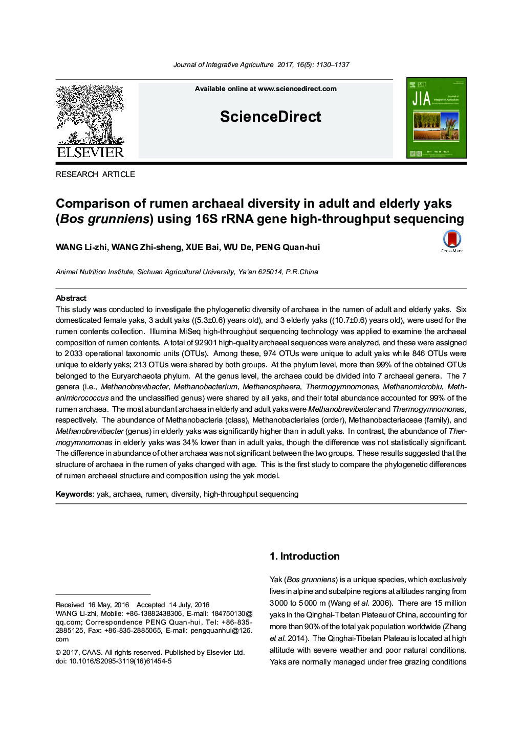 Comparison of rumen archaeal diversity in adult and elderly yaks (Bos grunniens) using 16S rRNA gene high-throughput sequencing