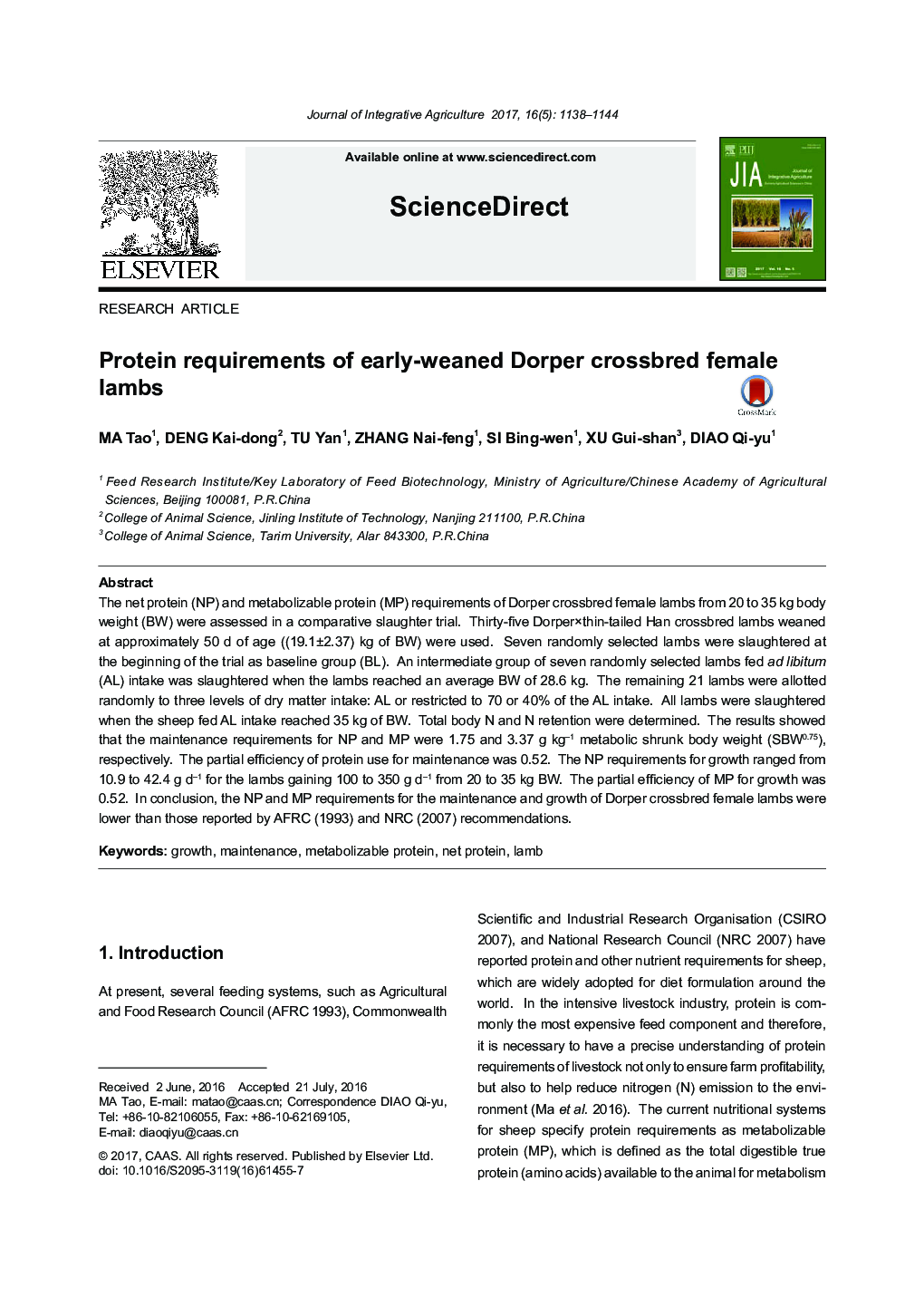 Protein requirements of early-weaned Dorper crossbred female lambs