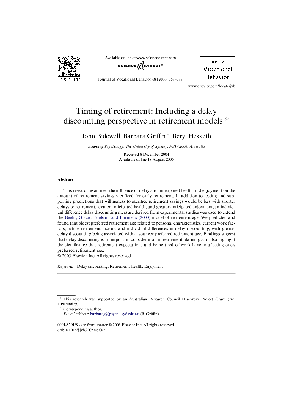 Timing of retirement: Including a delay discounting perspective in retirement models 