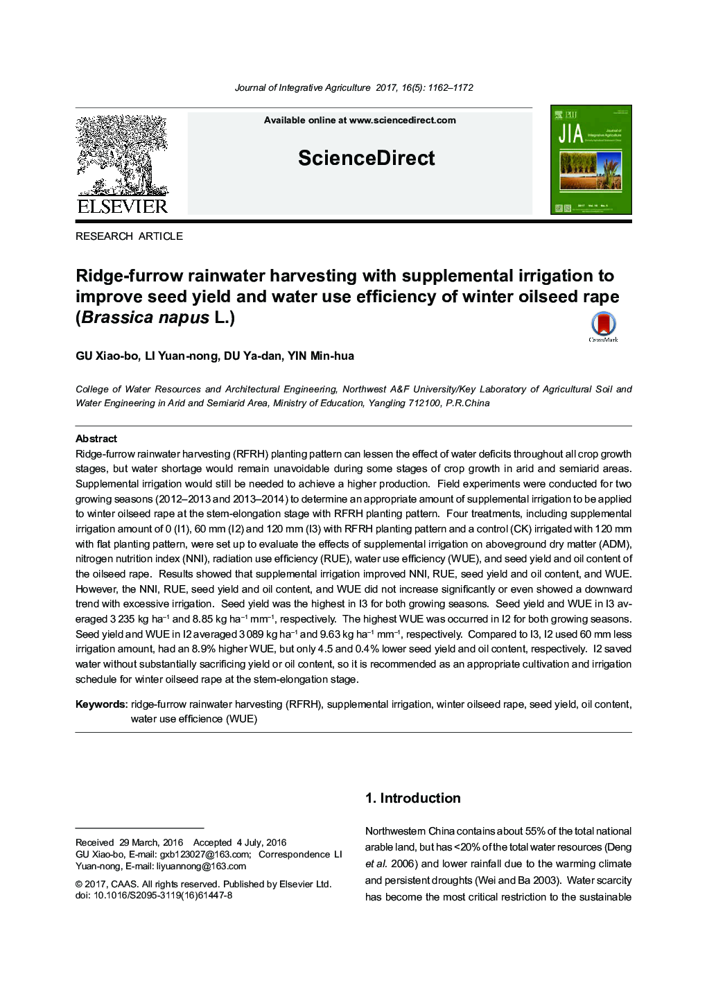 Ridge-furrow rainwater harvesting with supplemental irrigation to improve seed yield and water use efficiency of winter oilseed rape (Brassica napus L.)
