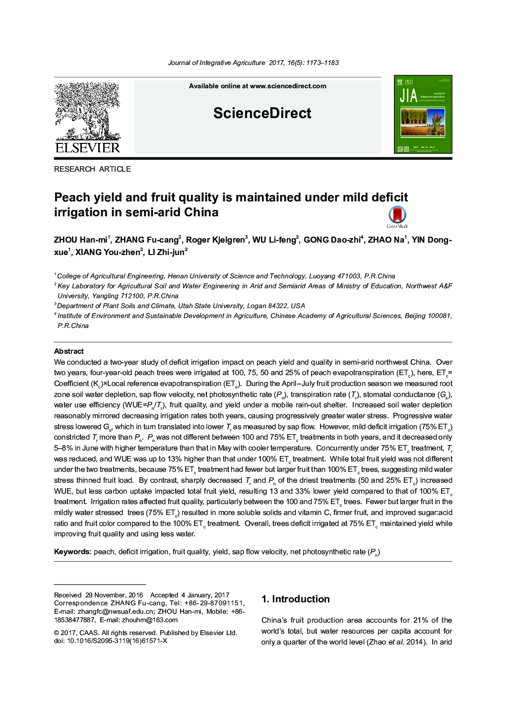 Peach yield and fruit quality is maintained under mild deficit irrigation in semi-arid China