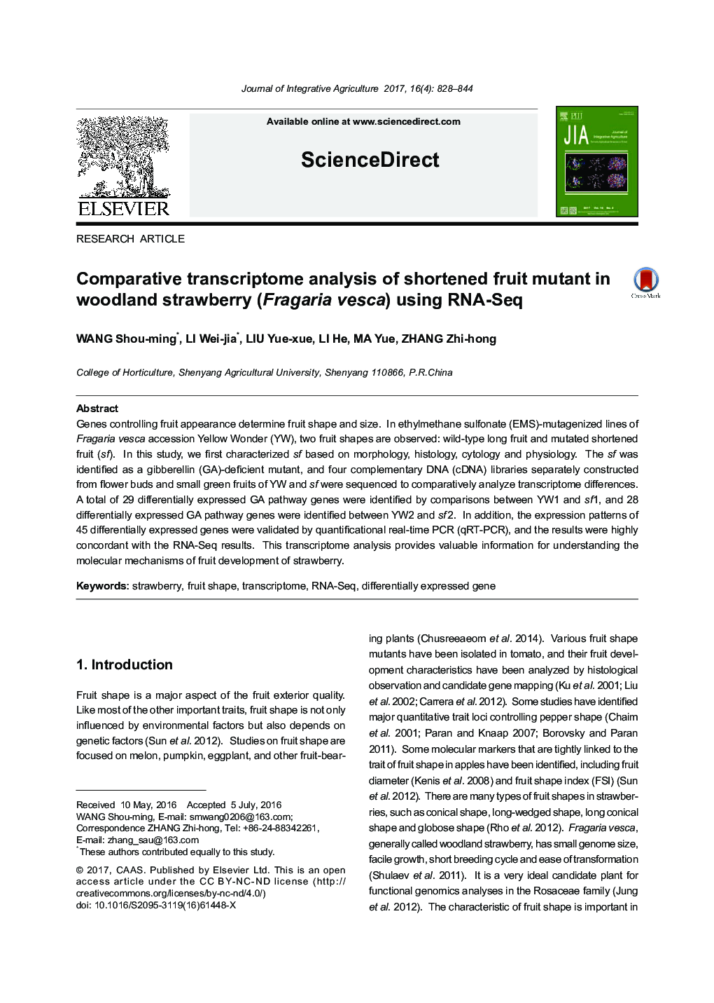 Comparative transcriptome analysis of shortened fruit mutant in woodland strawberry (Fragaria vesca) using RNA-Seq