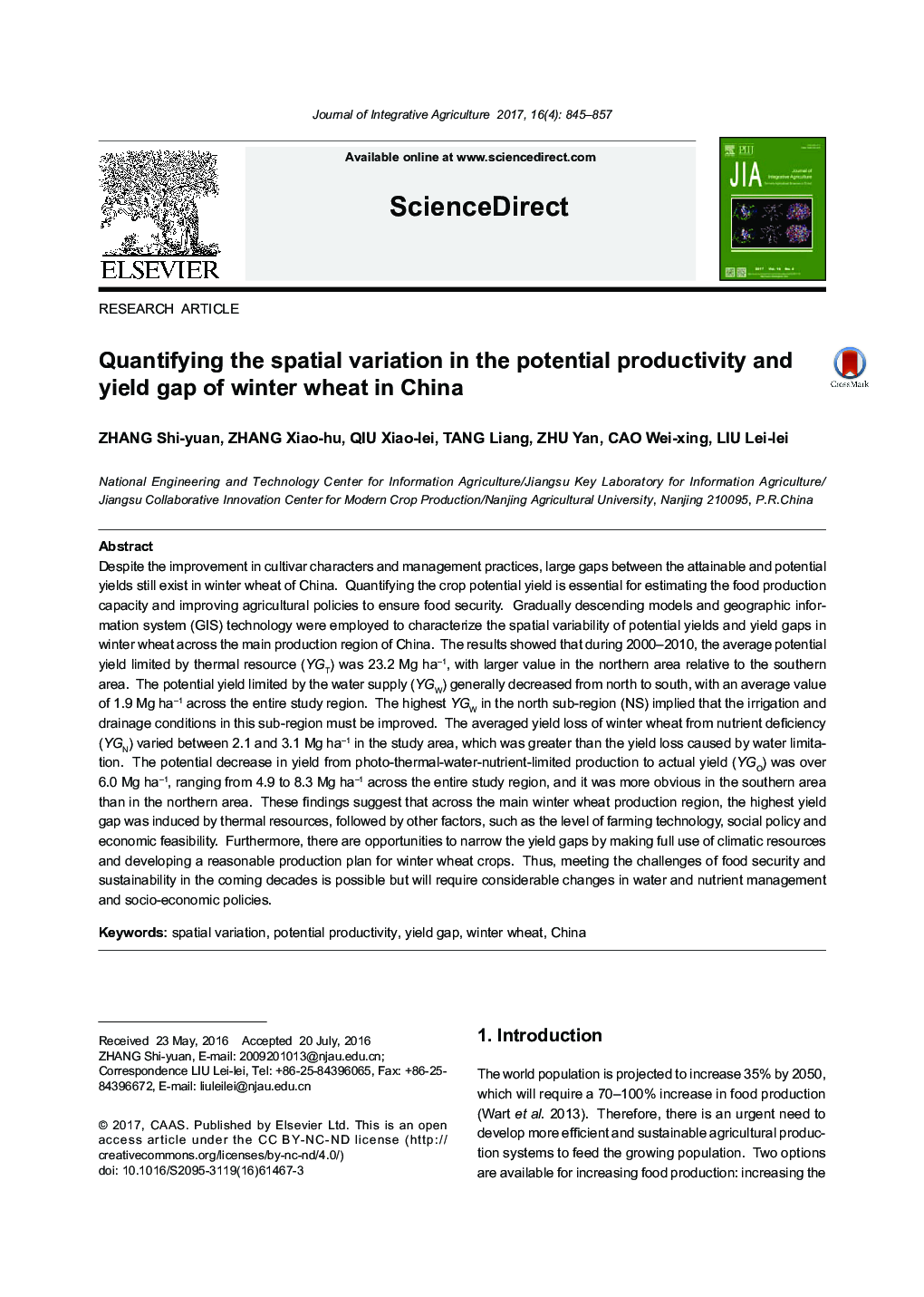 Quantifying the spatial variation in the potential productivity and yield gap of winter wheat in China