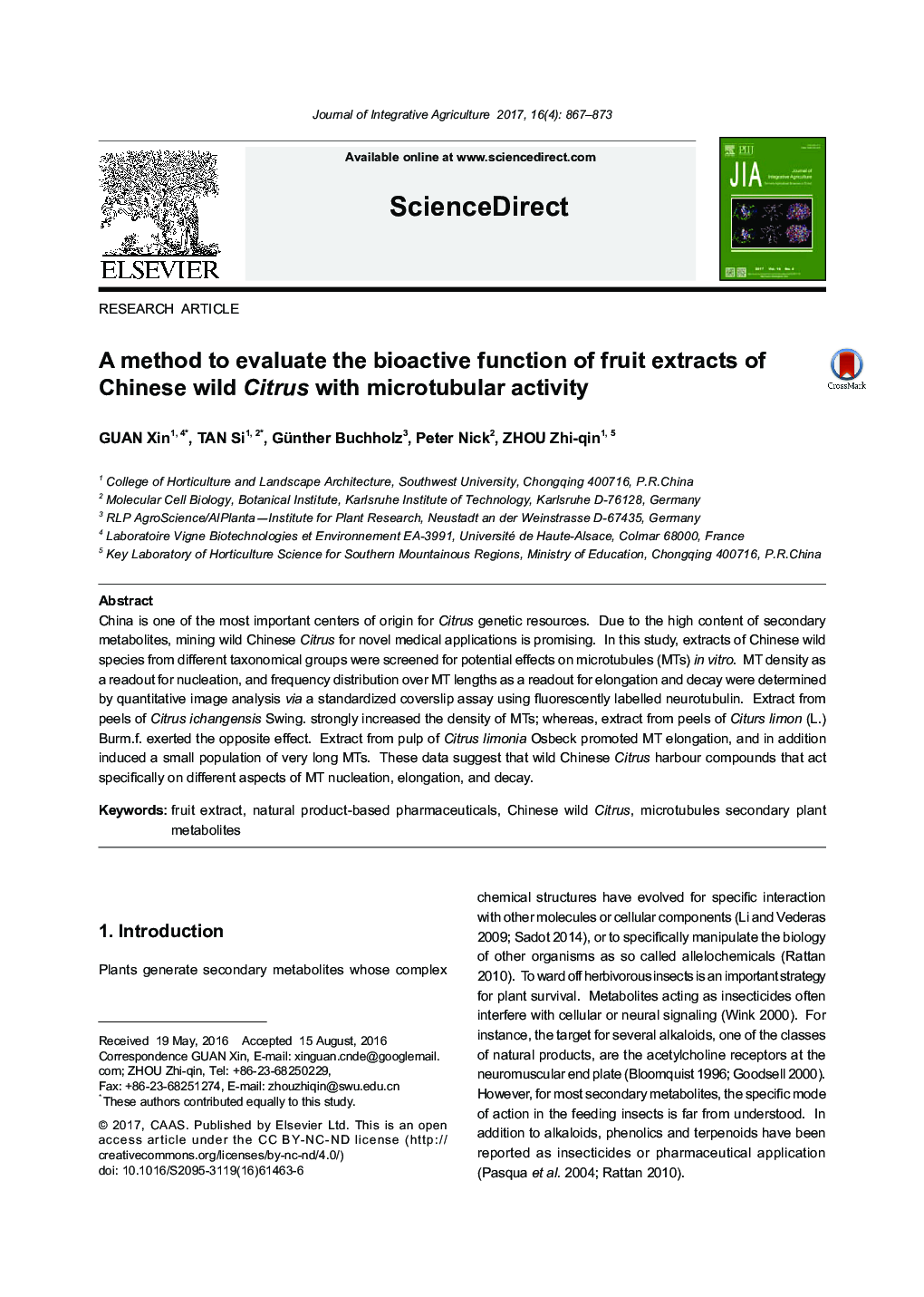 A method to evaluate the bioactive function of fruit extracts of Chinese wild Citrus with microtubular activity