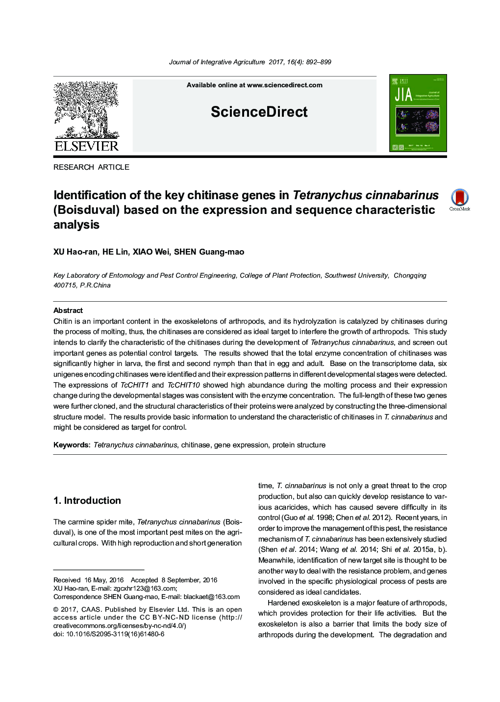 Identification of the key chitinase genes in Tetranychus cinnabarinus (Boisduval) based on the expression and sequence characteristic analysis