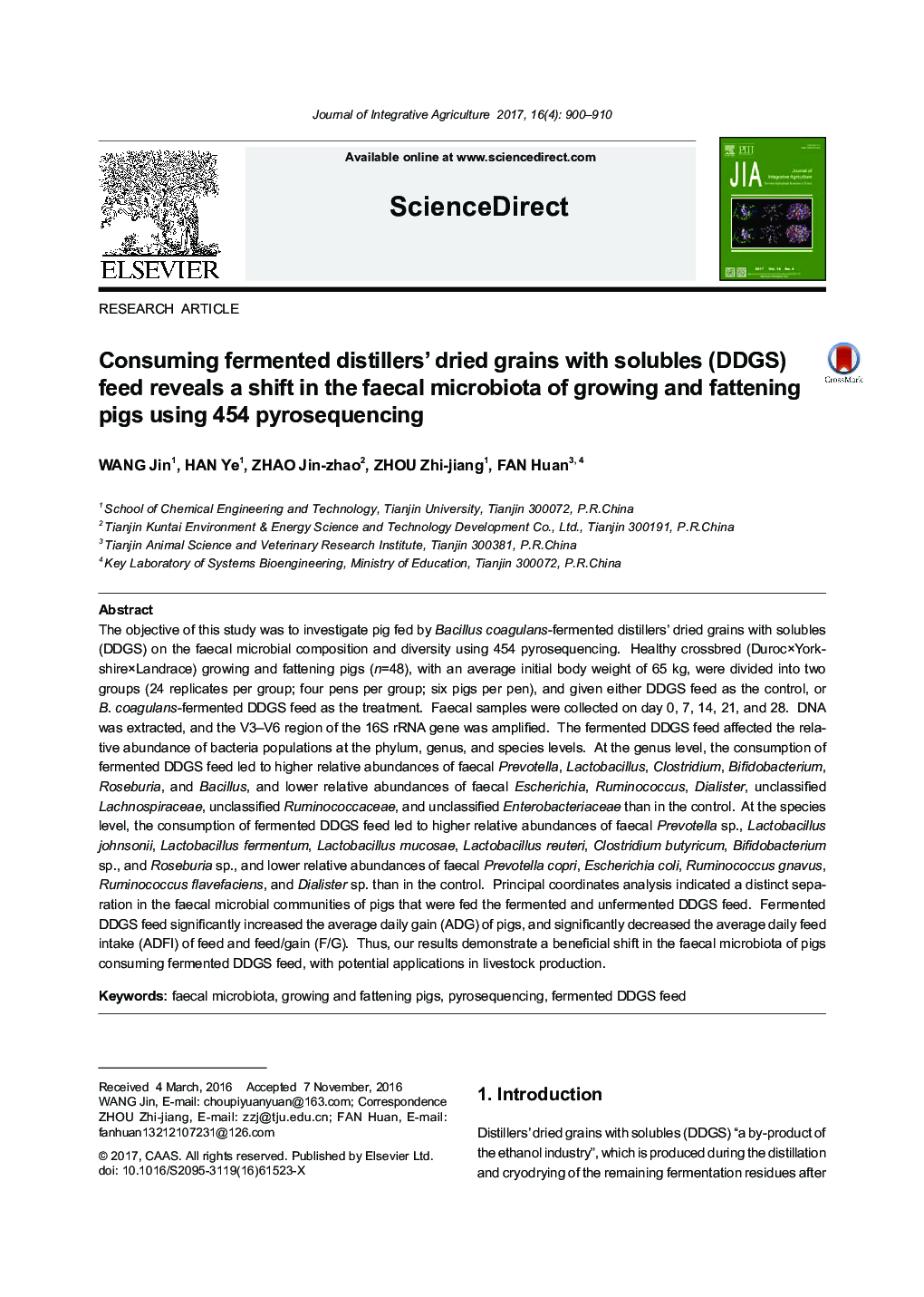 Consuming fermented distillers' dried grains with solubles (DDGS) feed reveals a shift in the faecal microbiota of growing and fattening pigs using 454 pyrosequencing