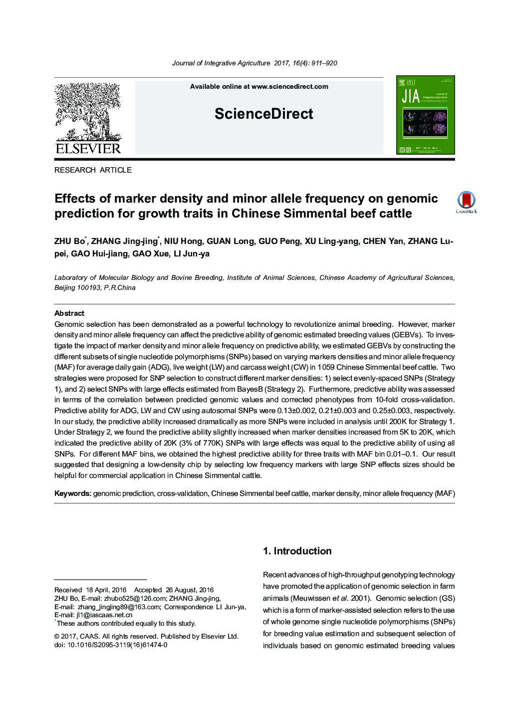 Effects of marker density and minor allele frequency on genomic prediction for growth traits in Chinese Simmental beef cattle