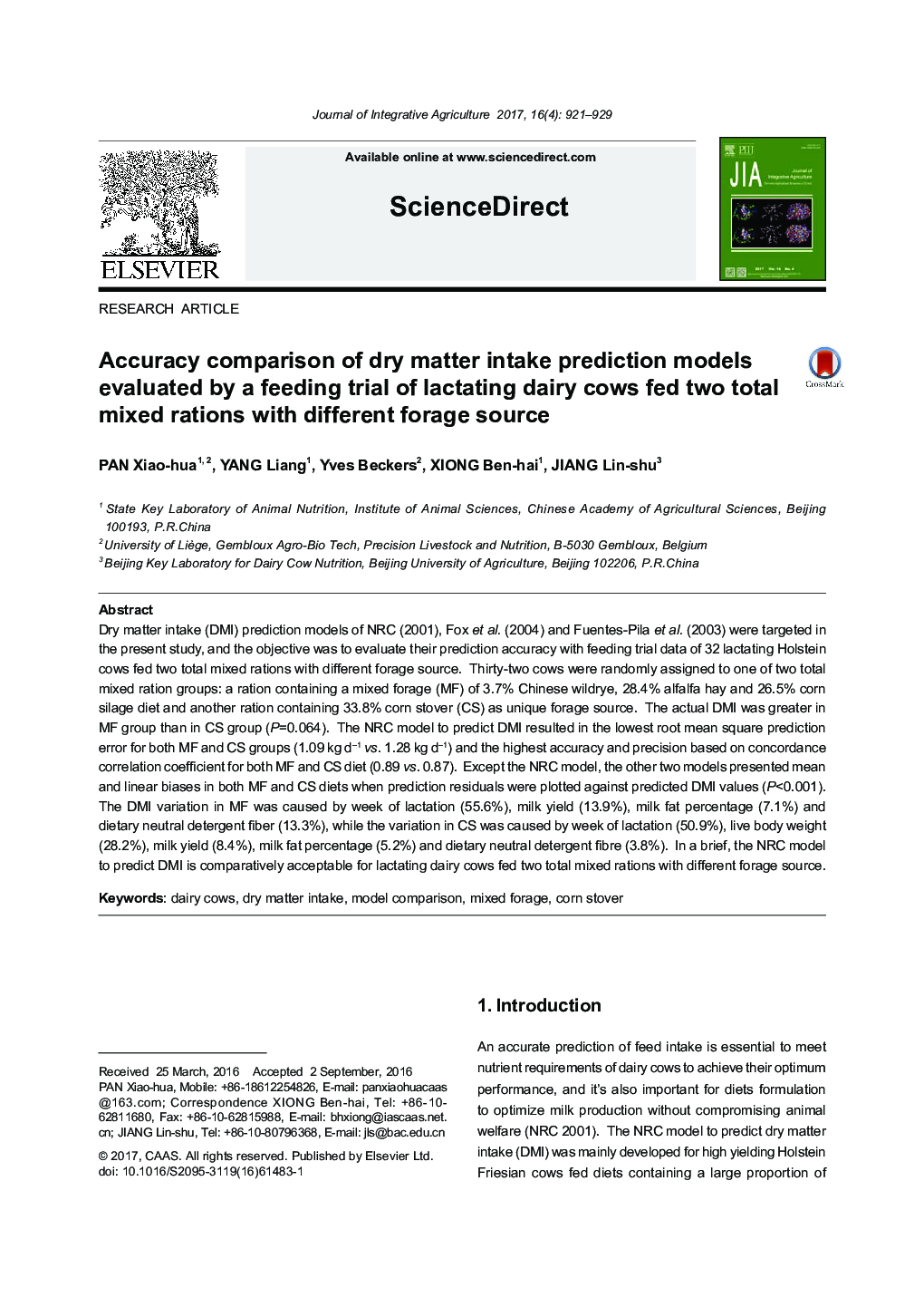 Accuracy comparison of dry matter intake prediction models evaluated by a feeding trial of lactating dairy cows fed two total mixed rations with different forage source
