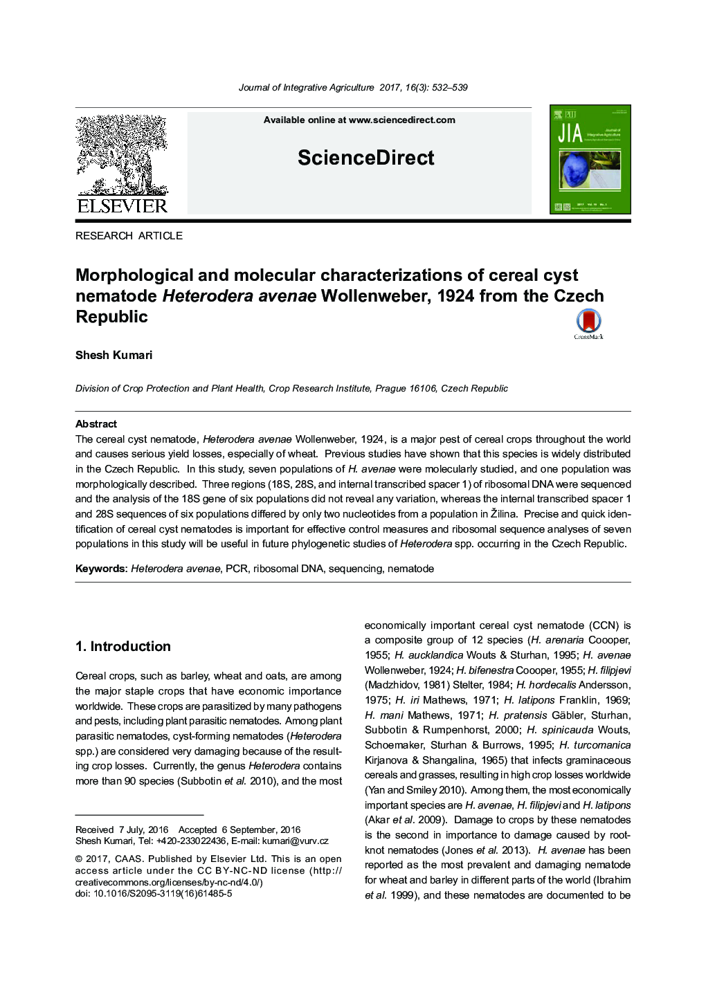Morphological and molecular characterizations of cereal cyst nematode Heterodera avenae Wollenweber, 1924 from the Czech Republic
