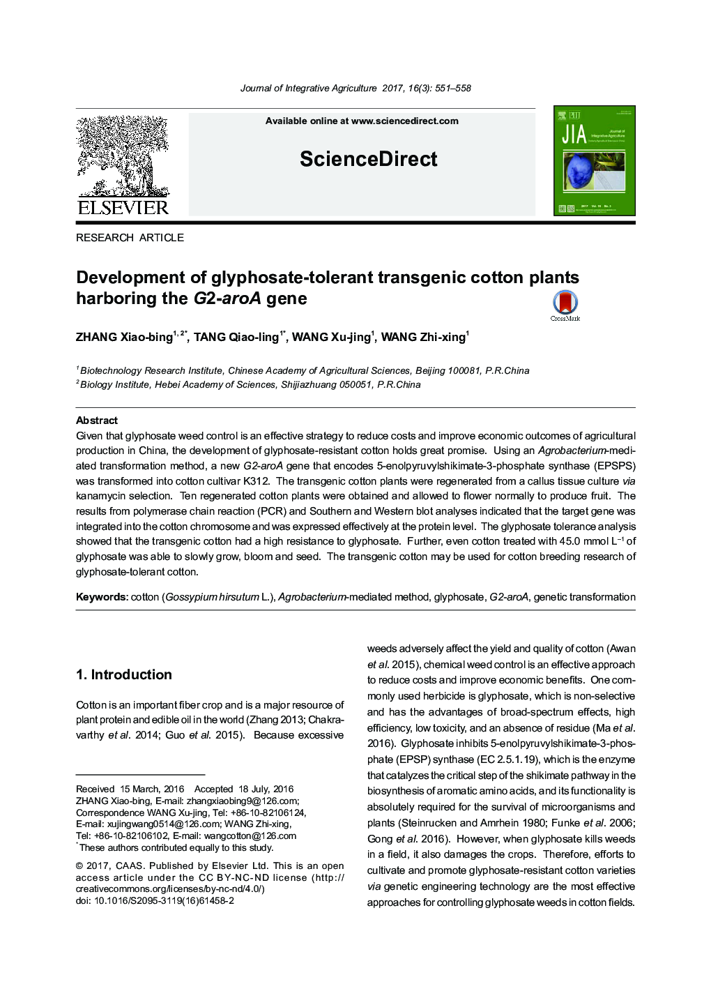Development of glyphosate-tolerant transgenic cotton plants harboring the G2-aroA gene