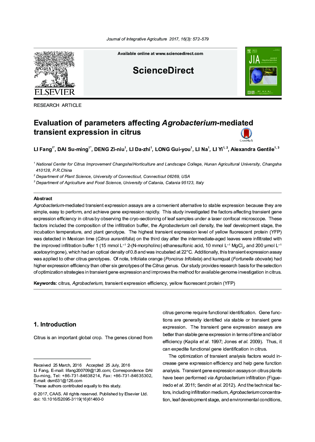 Evaluation of parameters affecting Agrobacterium-mediated transient expression in citrus