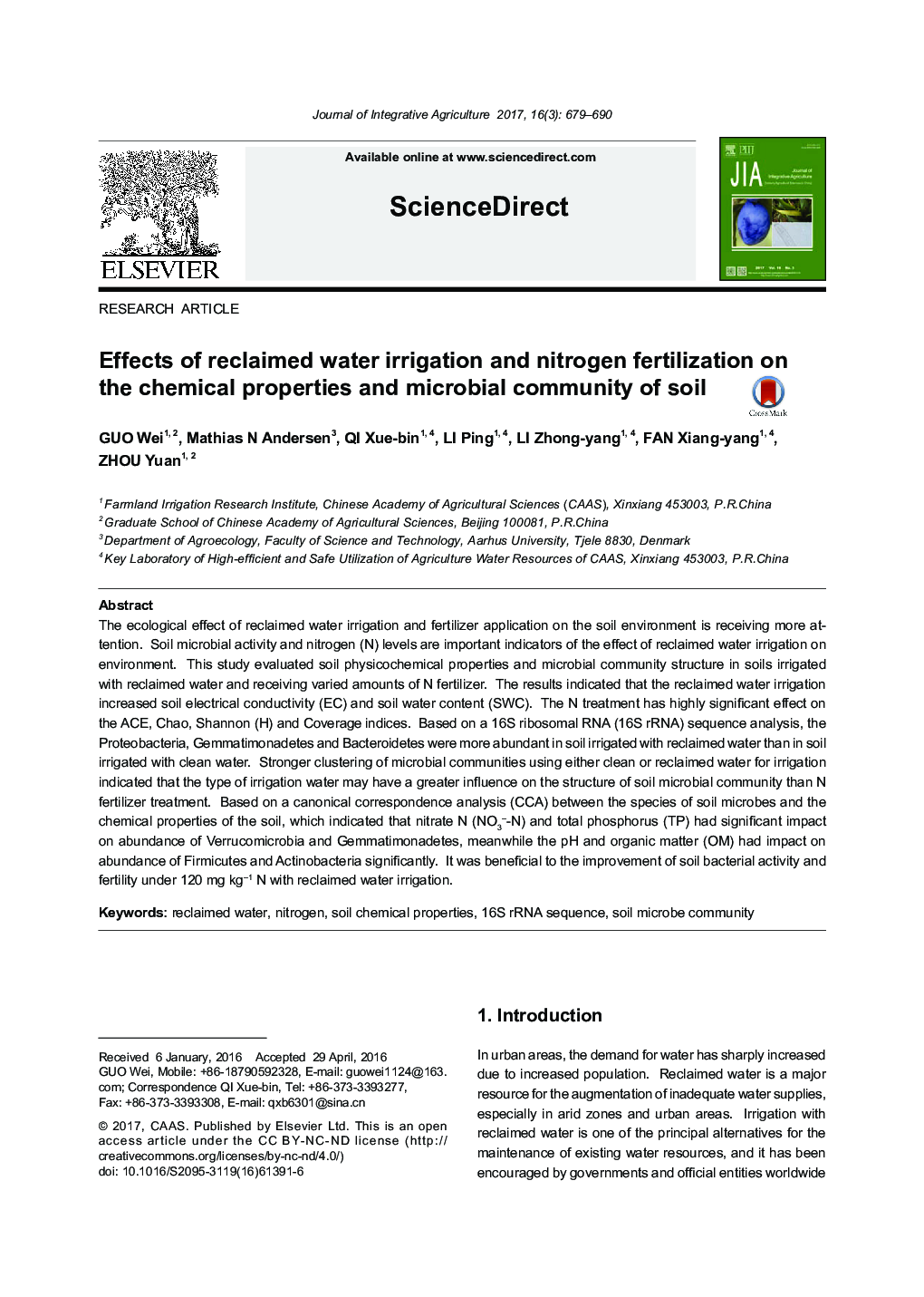 Effects of reclaimed water irrigation and nitrogen fertilization on the chemical properties and microbial community of soil