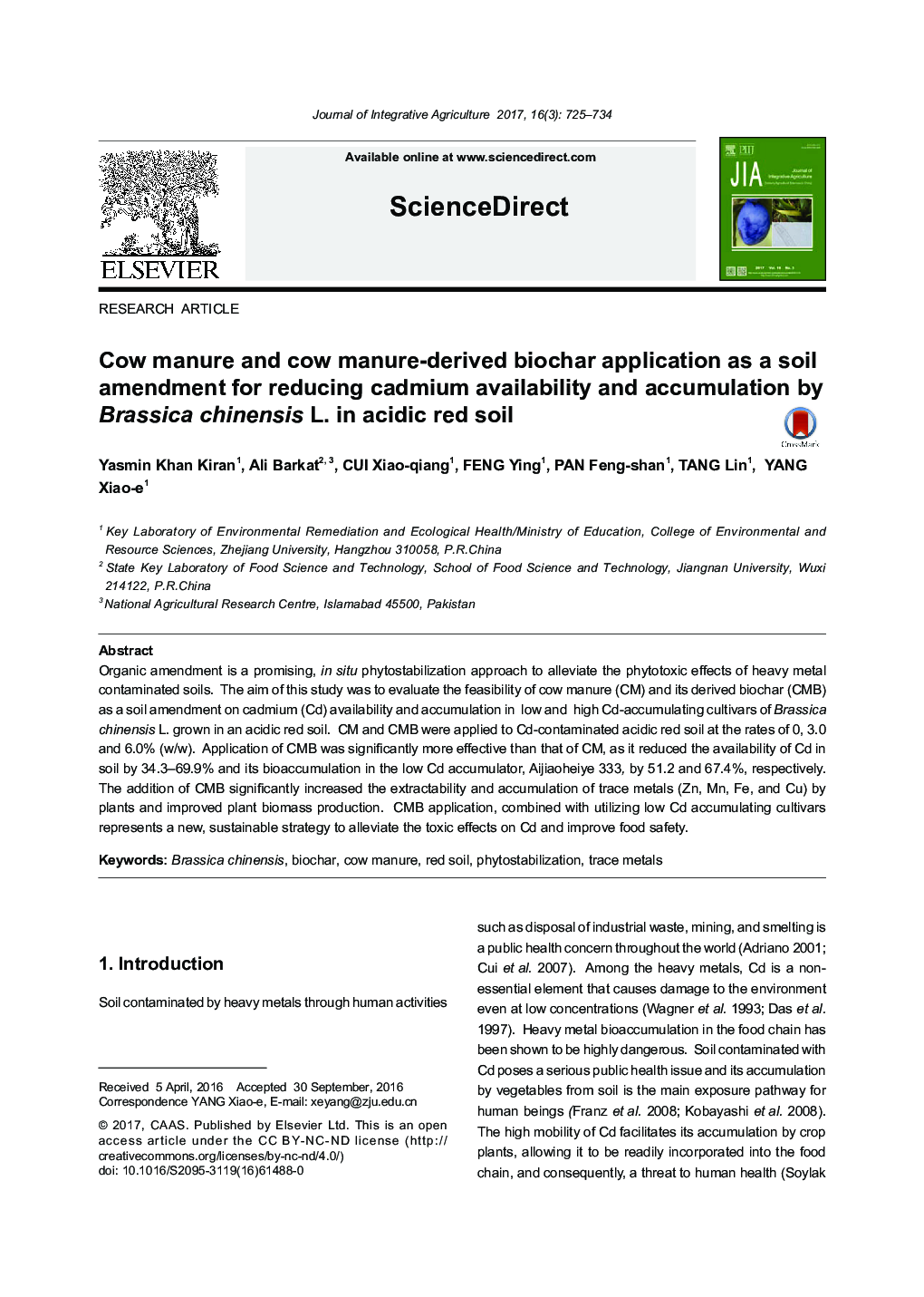 Cow manure and cow manure-derived biochar application as a soil amendment for reducing cadmium availability and accumulation by Brassica chinensis L. in acidic red soil