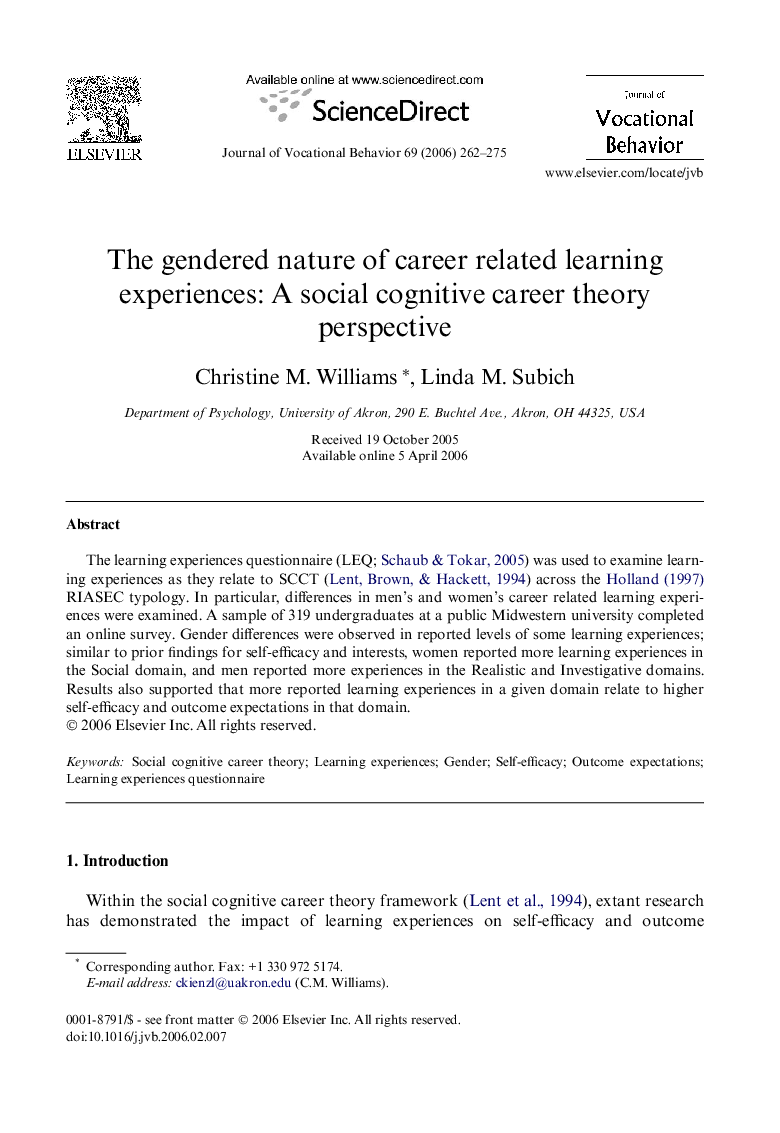 The gendered nature of career related learning experiences: A social cognitive career theory perspective