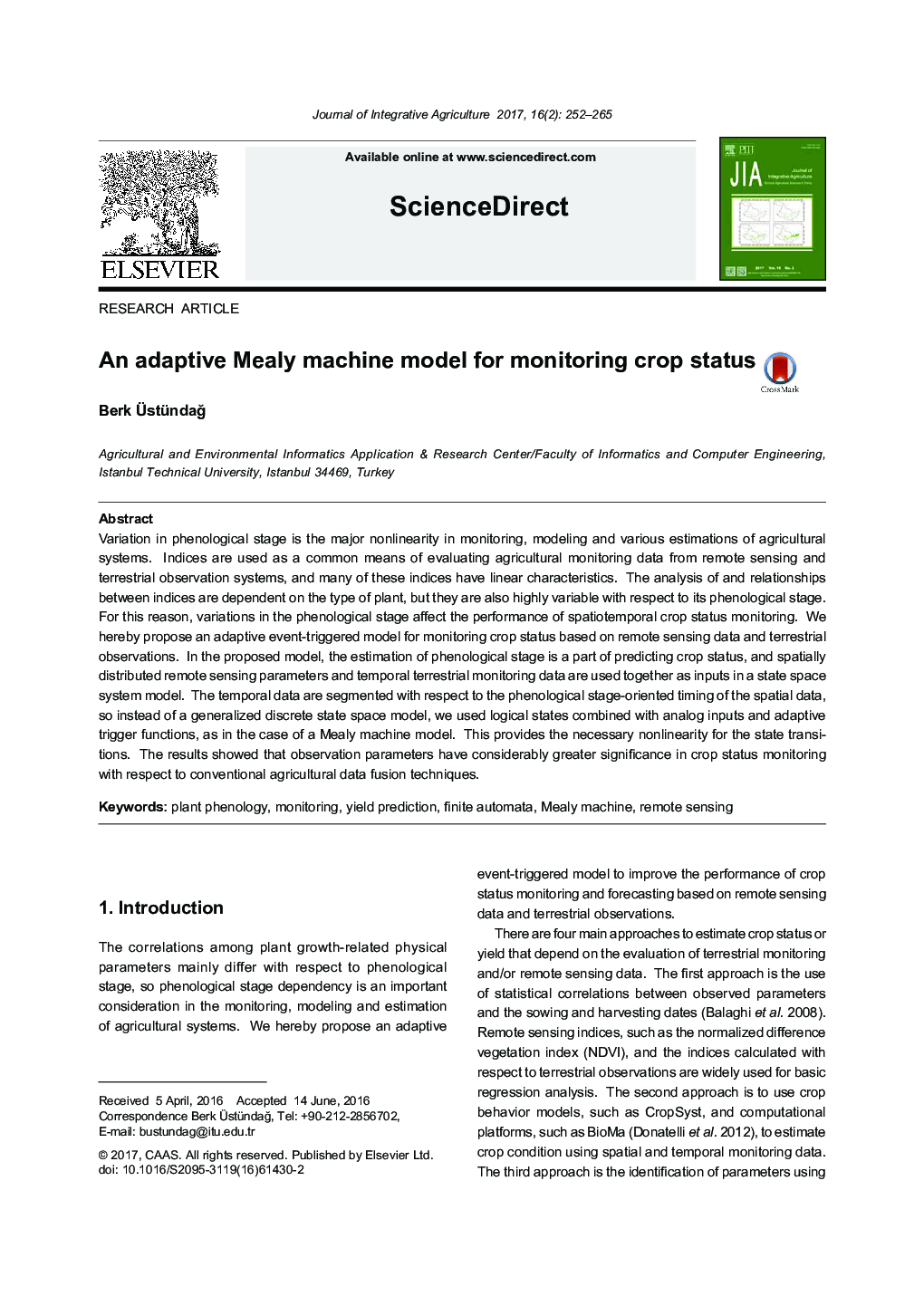 An adaptive Mealy machine model for monitoring crop status