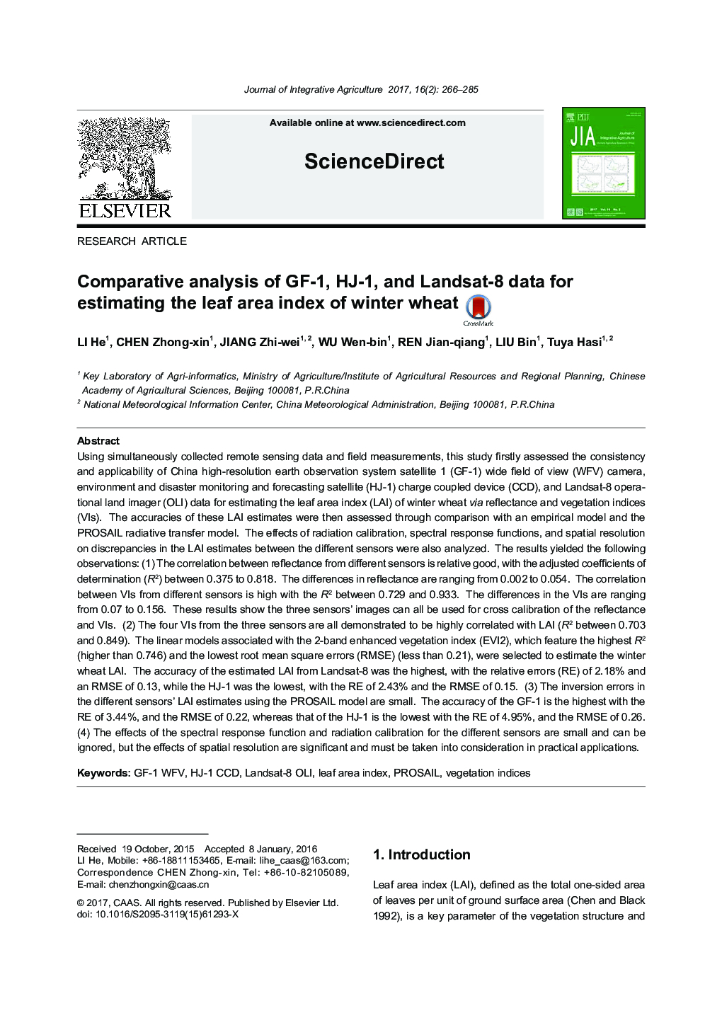 Comparative analysis of GF-1, HJ-1, and Landsat-8 data for estimating the leaf area index of winter wheat