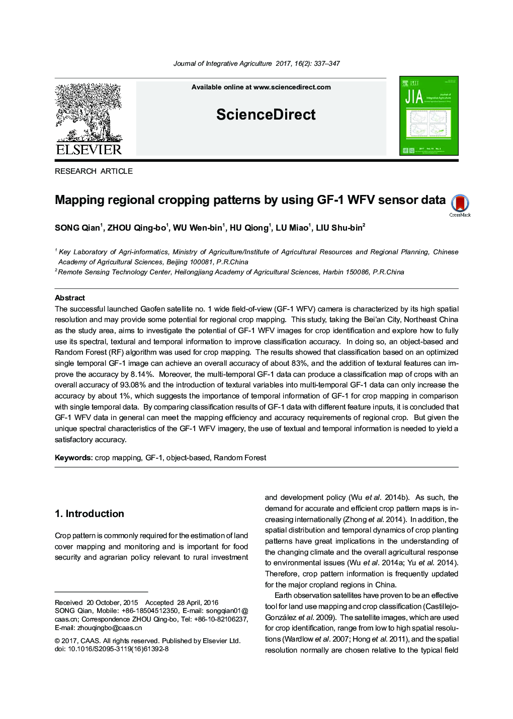 Mapping regional cropping patterns by using GF-1 WFV sensor data