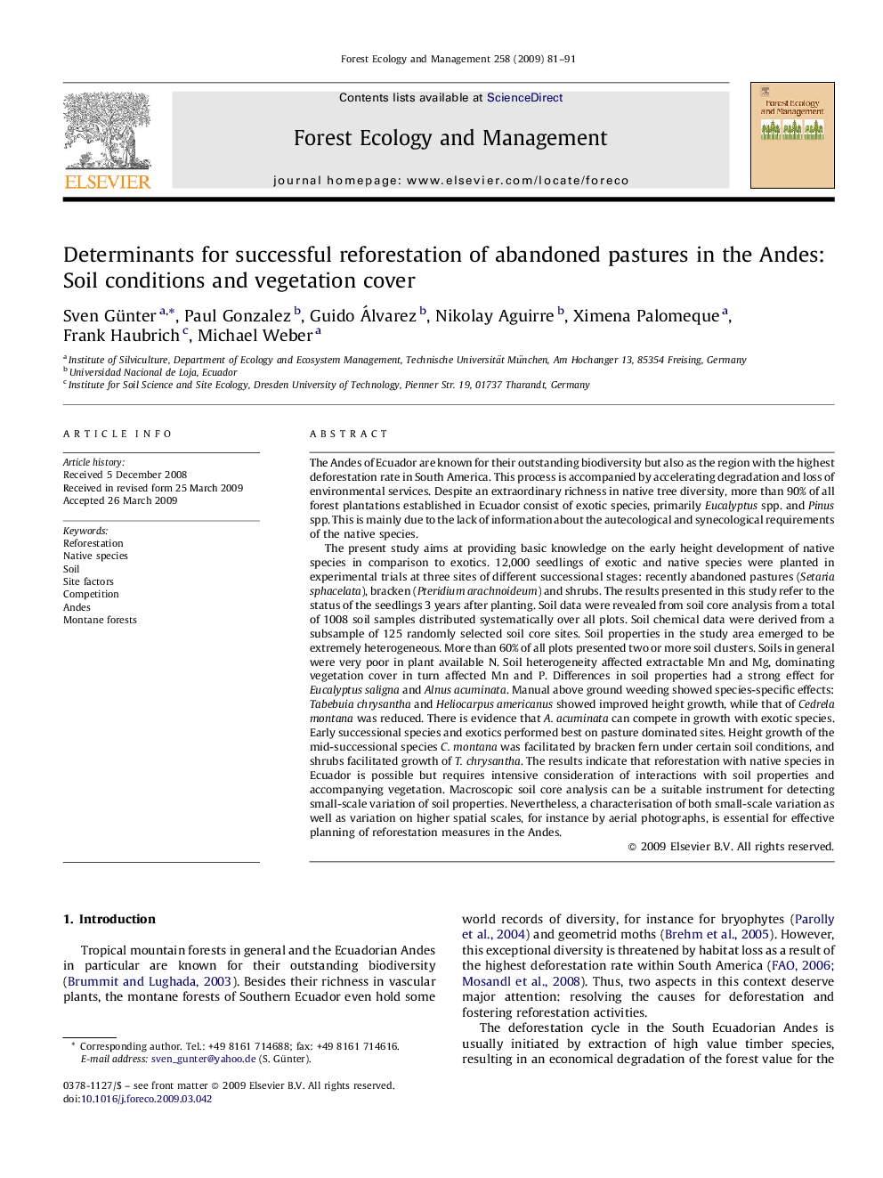 Determinants for successful reforestation of abandoned pastures in the Andes: Soil conditions and vegetation cover