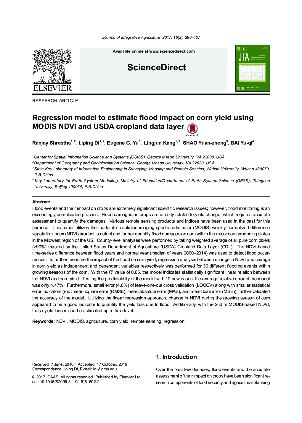 Regression model to estimate flood impact on corn yield using MODIS NDVI and USDA cropland data layer