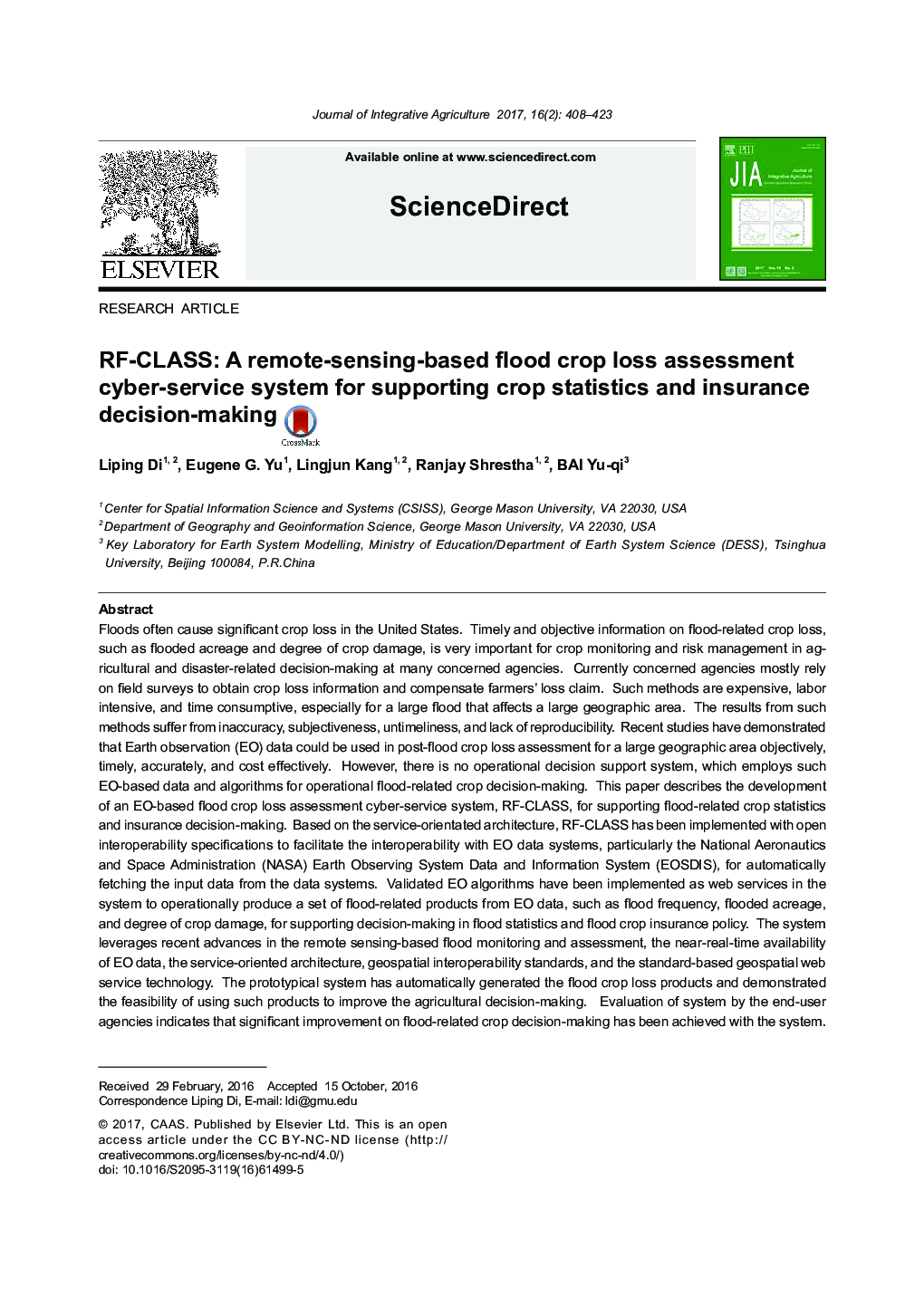 RF-CLASS: A remote-sensing-based flood crop loss assessment cyber-service system for supporting crop statistics and insurance decision-making