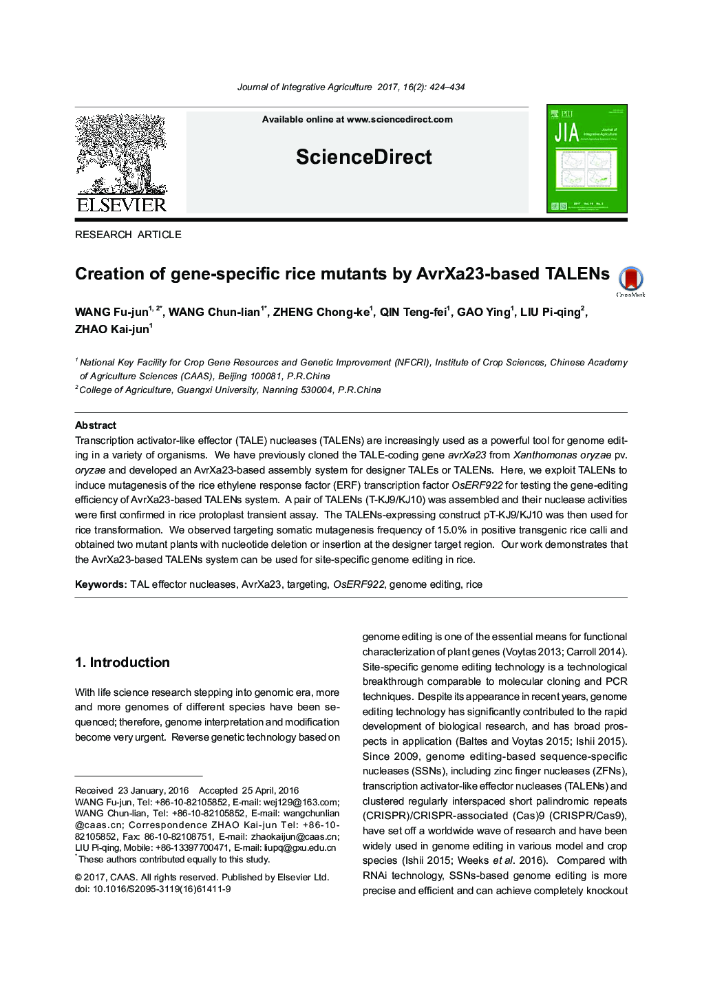 Creation of gene-specific rice mutants by AvrXa23-based TALENs