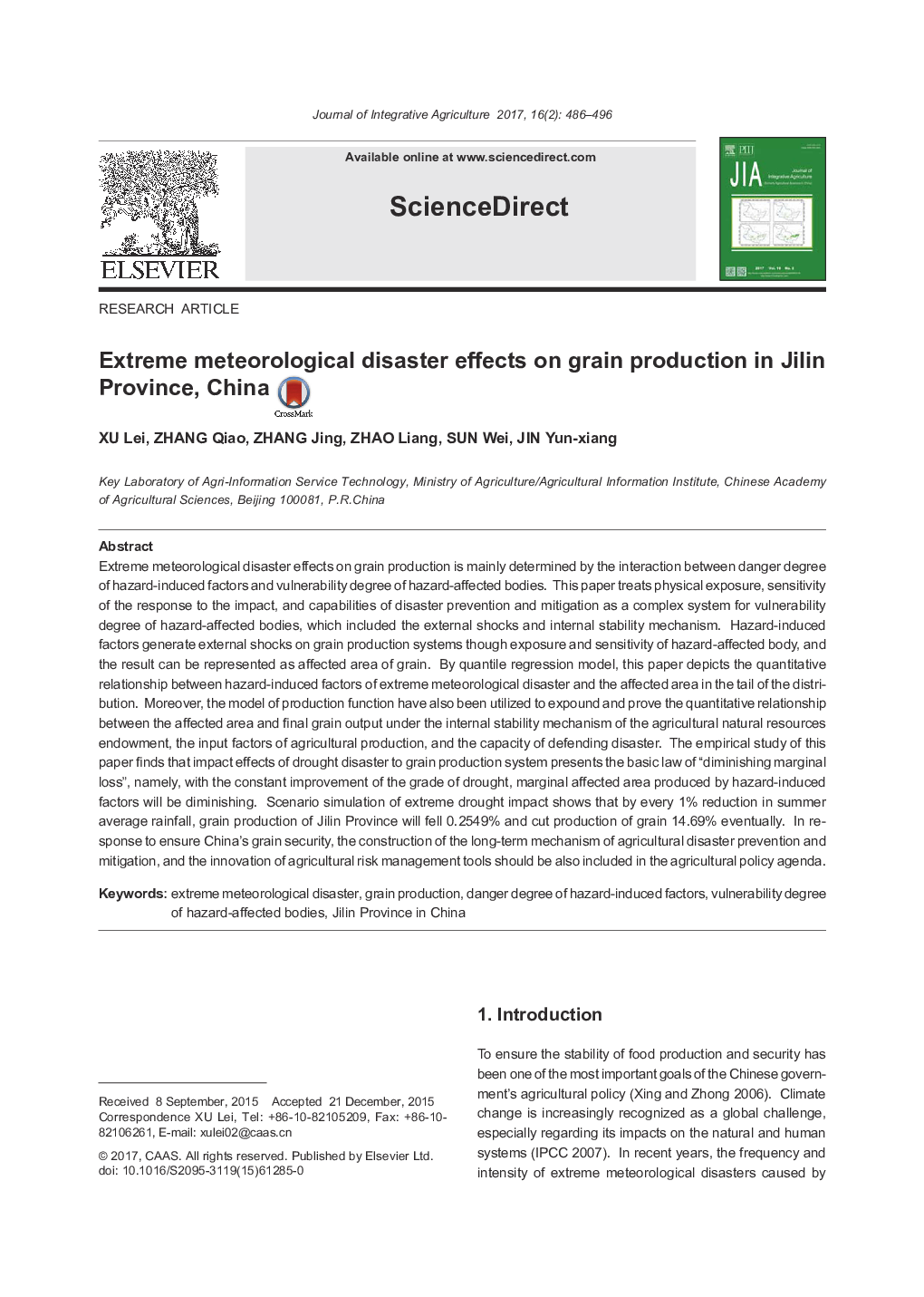 Extreme meteorological disaster effects on grain production in Jilin Province, China