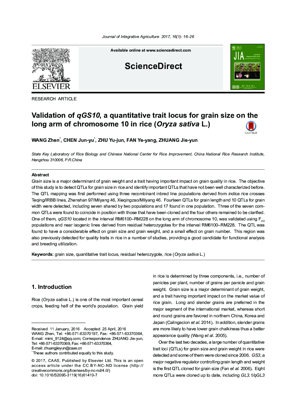 Validation of qGS10, a quantitative trait locus for grain size on the long arm of chromosome 10 in rice (Oryza sativa L.)