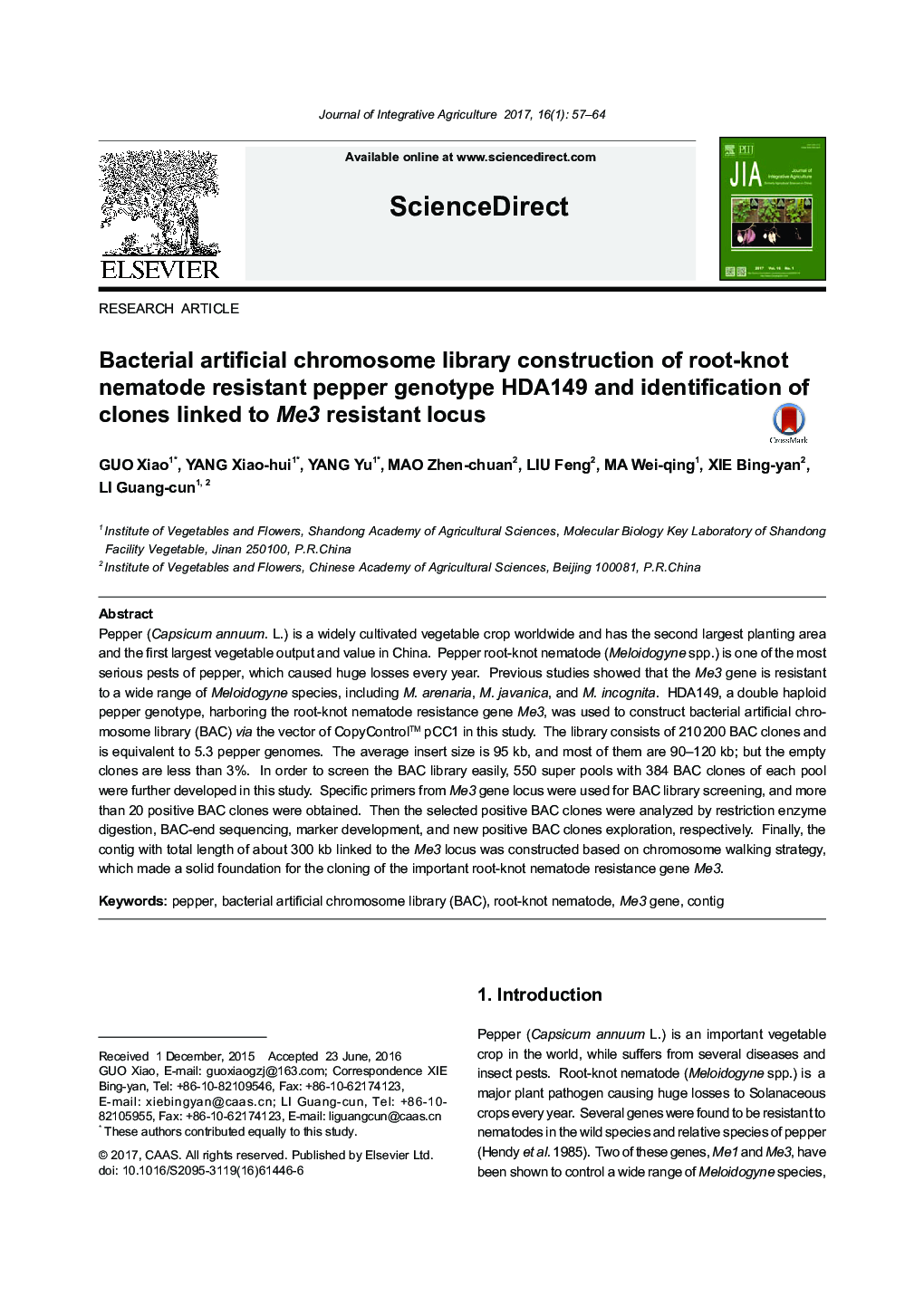 Bacterial artificial chromosome library construction of root-knot nematode resistant pepper genotype HDA149 and identification of clones linked to Me3 resistant locus