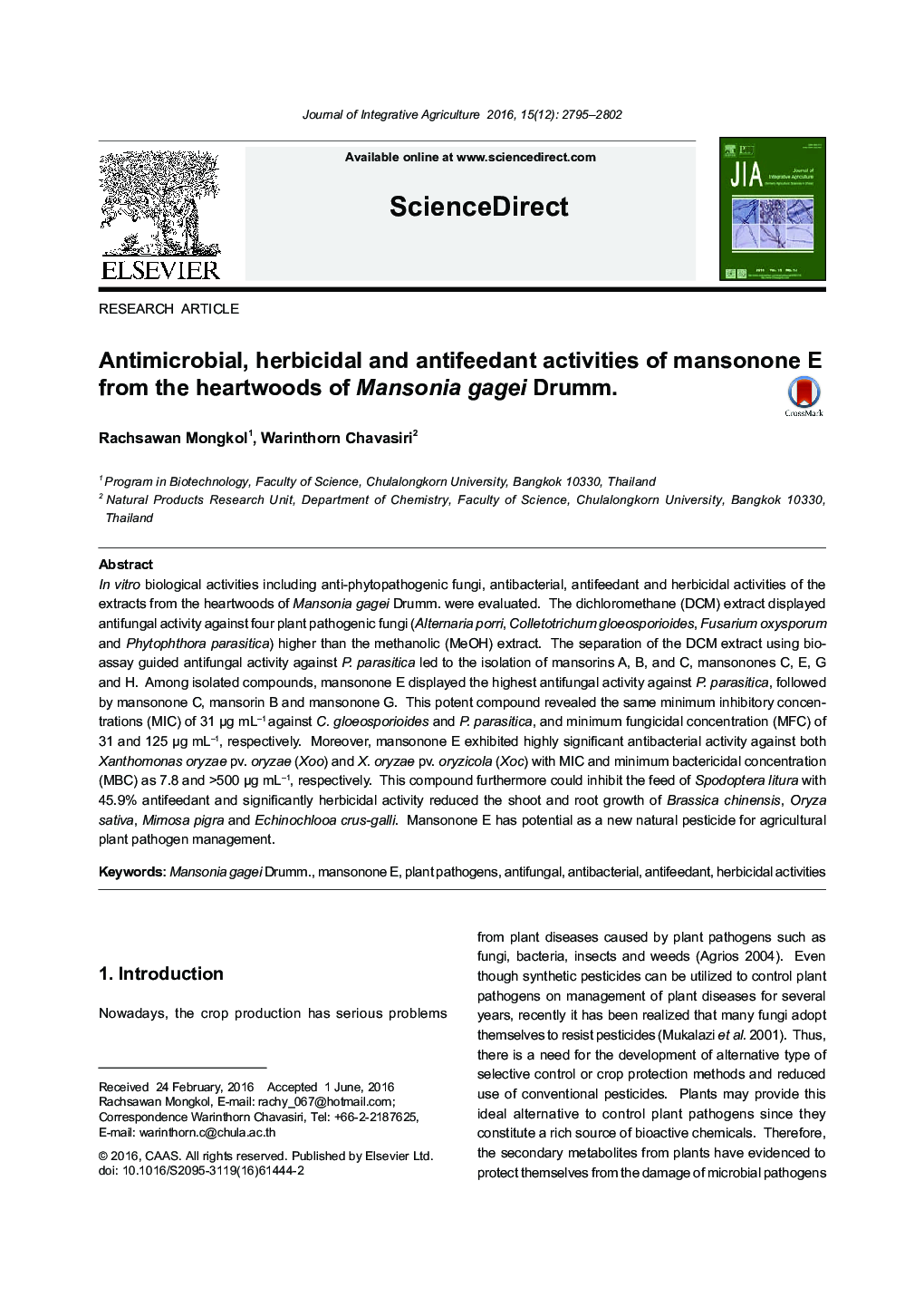 Antimicrobial, herbicidal and antifeedant activities of mansonone E from the heartwoods of Mansonia gagei Drumm.