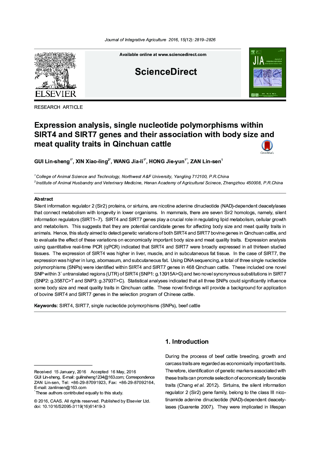 Expression analysis, single nucleotide polymorphisms within SIRT4 and SIRT7 genes and their association with body size and meat quality traits in Qinchuan cattle