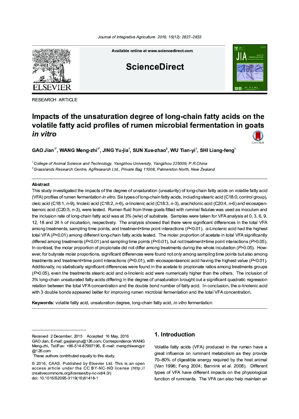 Impacts of the unsaturation degree of long-chain fatty acids on the volatile fatty acid profiles of rumen microbial fermentation in goats in vitro