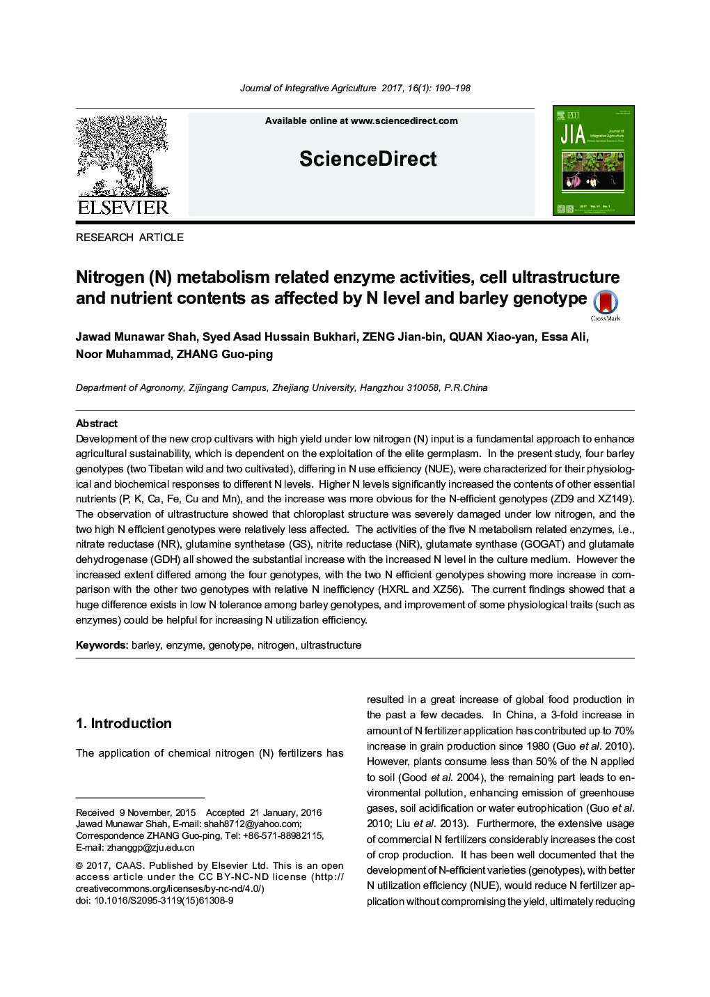 Nitrogen (N) metabolism related enzyme activities, cell ultrastructure and nutrient contents as affected by N level and barley genotype