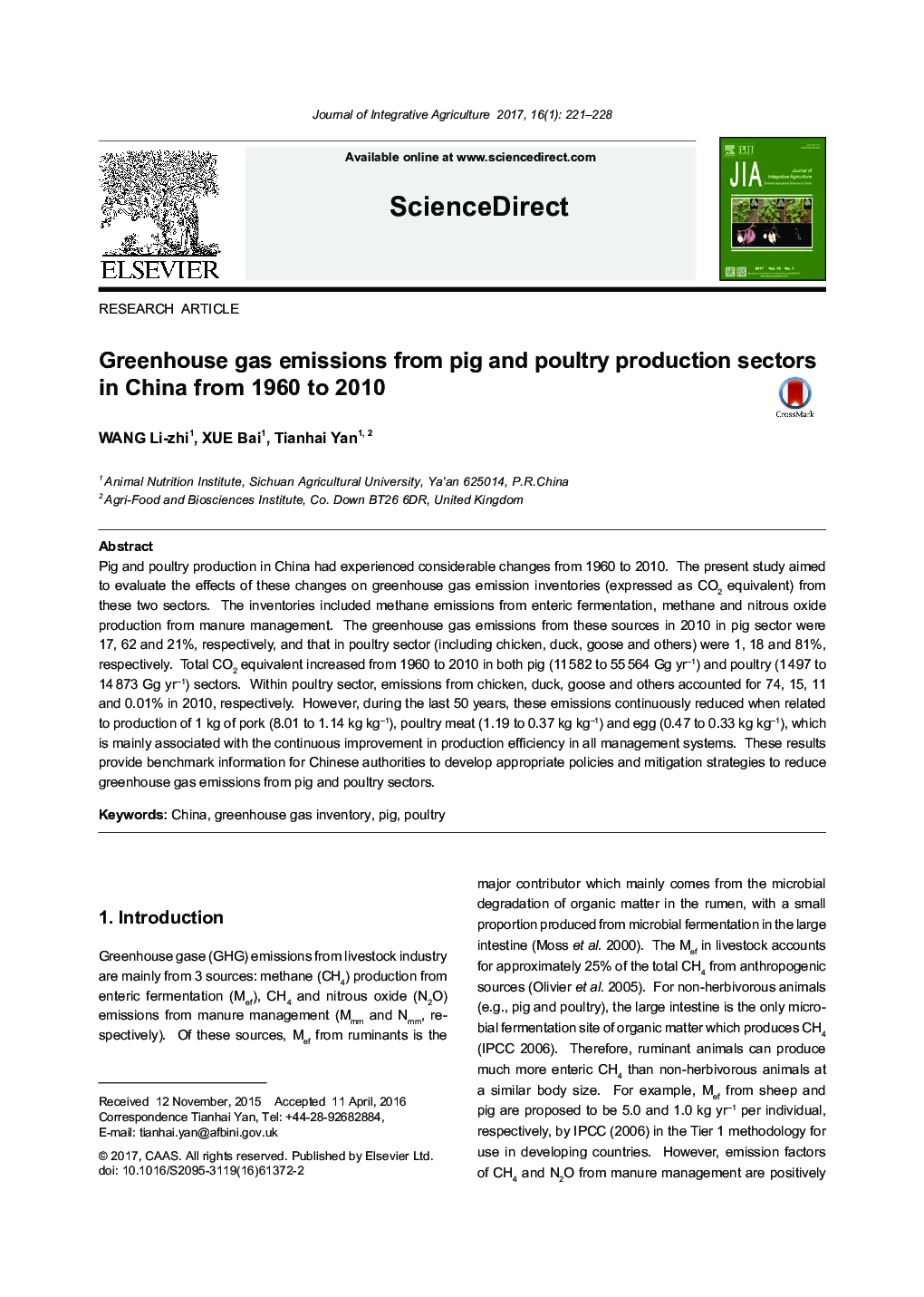 Greenhouse gas emissions from pig and poultry production sectors in China from 1960 to 2010