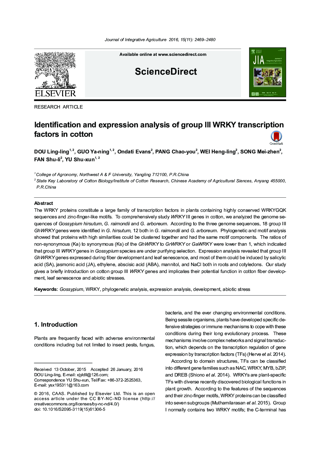 Identification and expression analysis of group III WRKY transcription factors in cotton