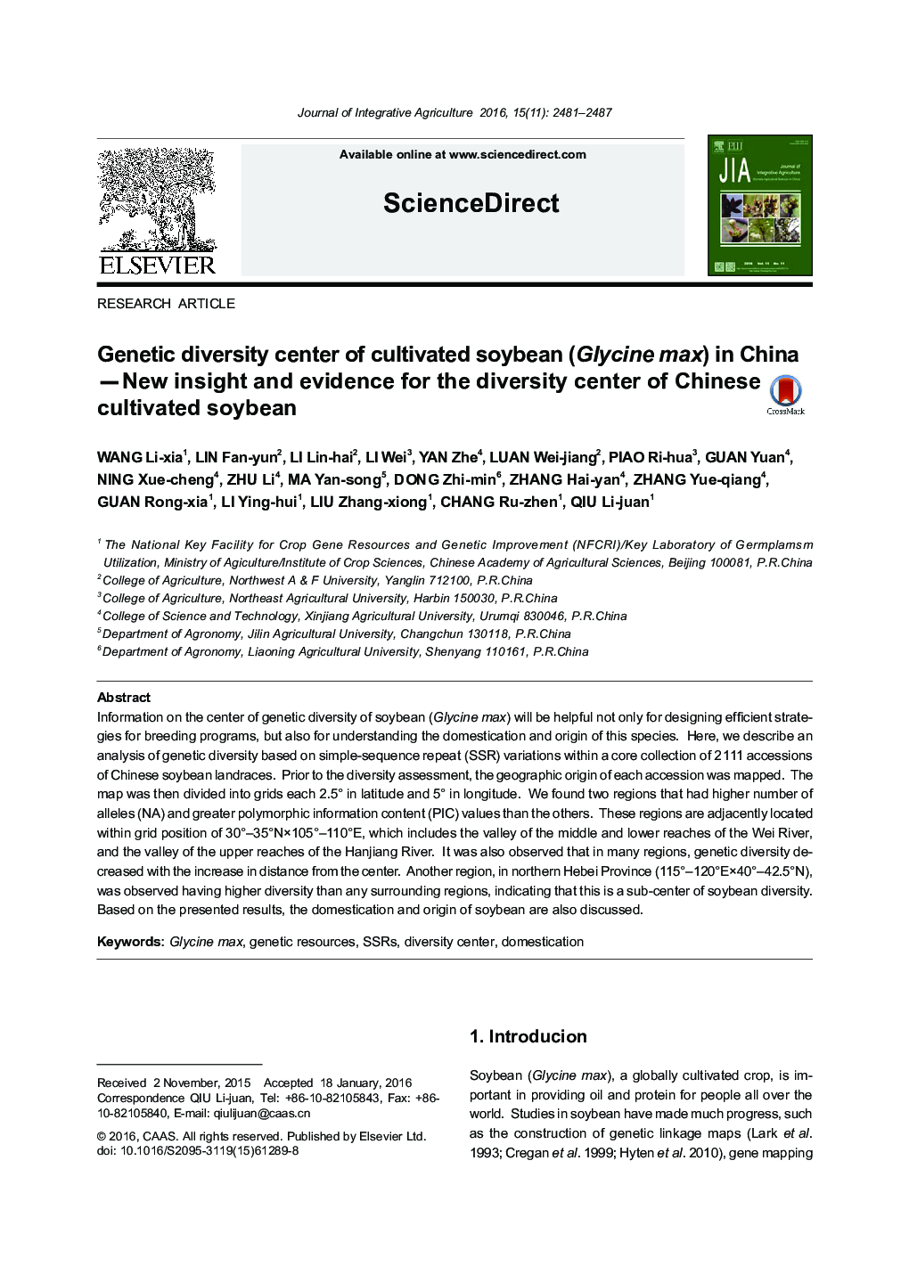 Genetic diversity center of cultivated soybean (Glycine max) in China - New insight and evidence for the diversity center of Chinese cultivated soybean