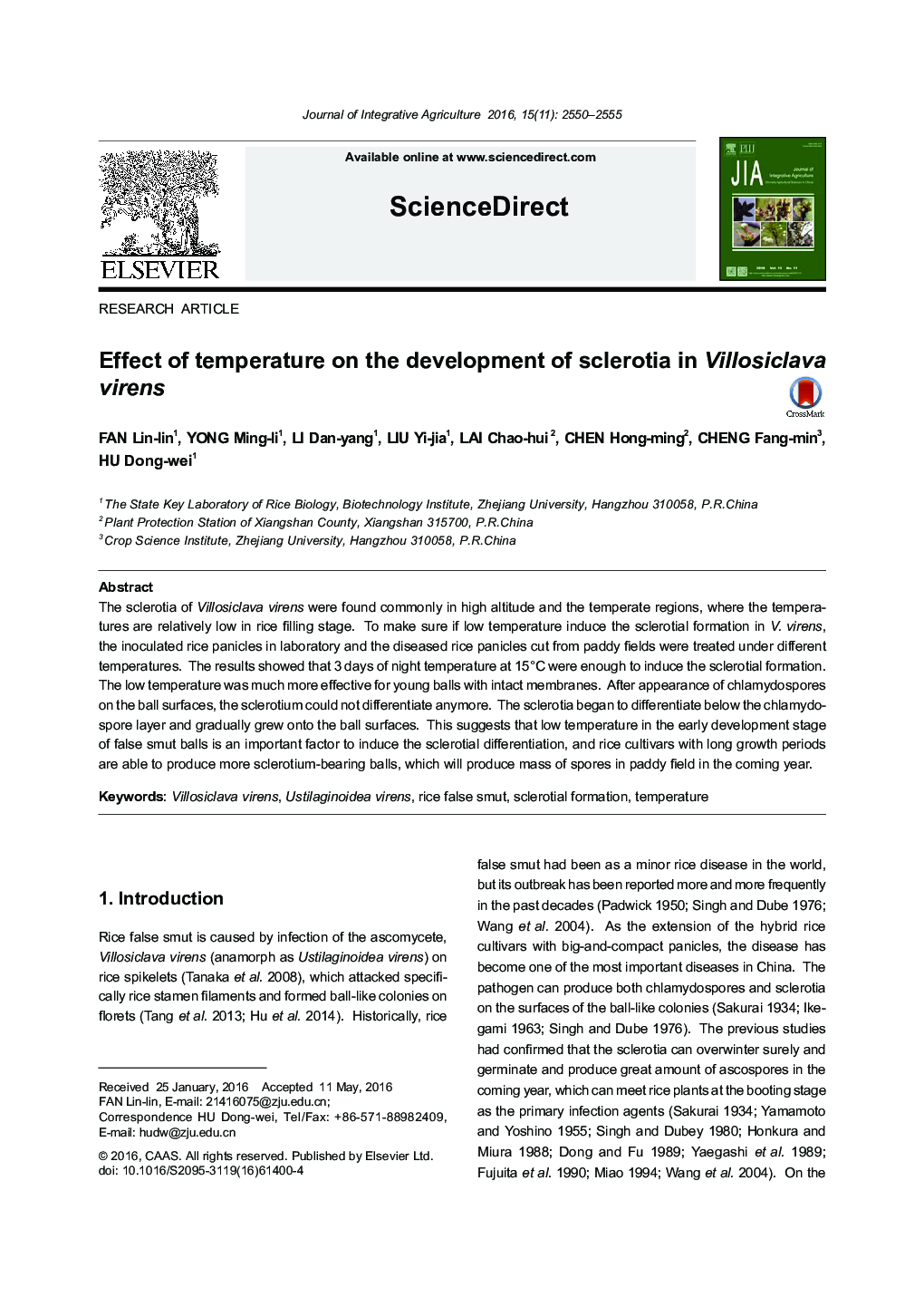 Effect of temperature on the development of sclerotia in Villosiclava virens