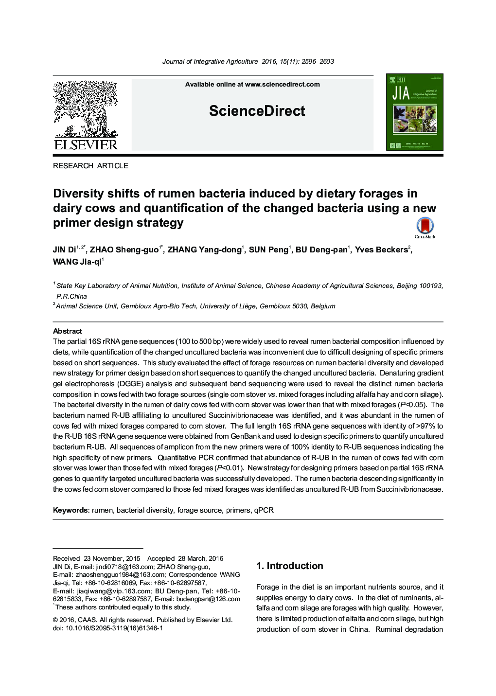 Diversity shifts of rumen bacteria induced by dietary forages in dairy cows and quantification of the changed bacteria using a new primer design strategy