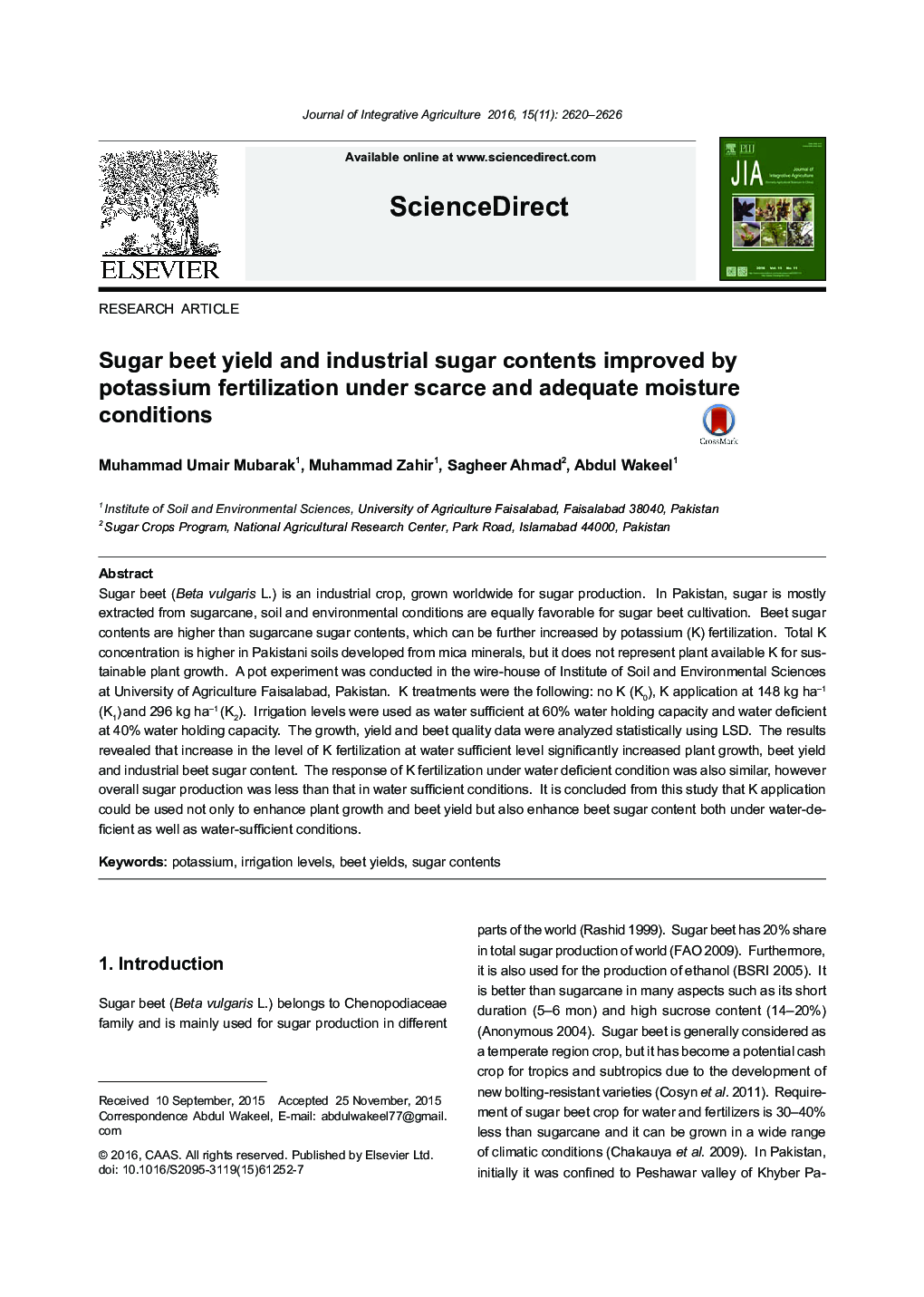 Sugar beet yield and industrial sugar contents improved by potassium fertilization under scarce and adequate moisture conditions