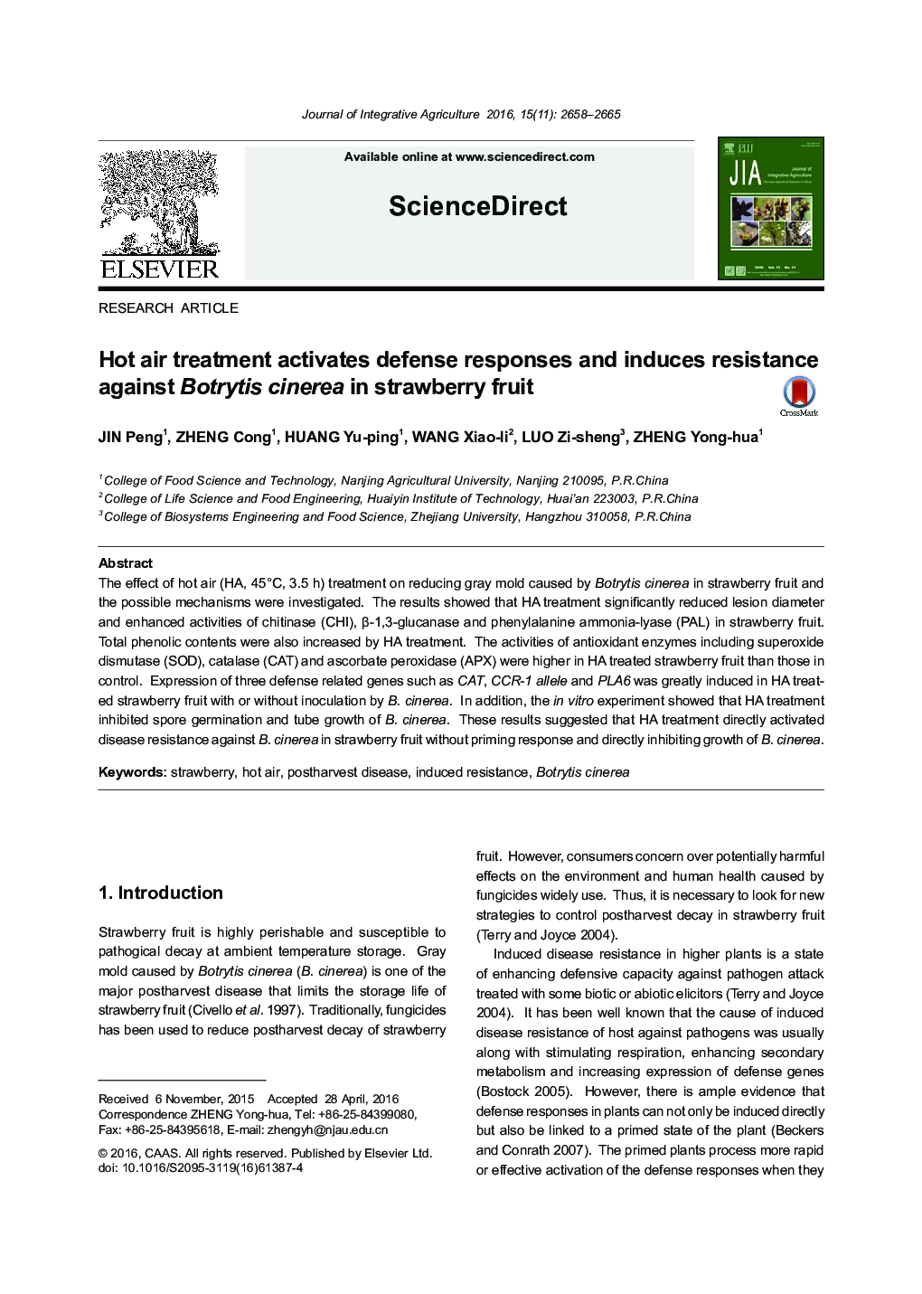 Hot air treatment activates defense responses and induces resistance against Botrytis cinerea in strawberry fruit