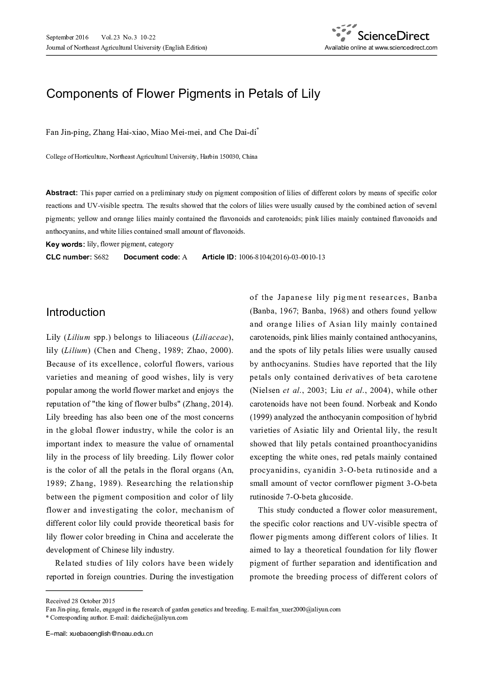 Components of Flower Pigments in Petals of Lily