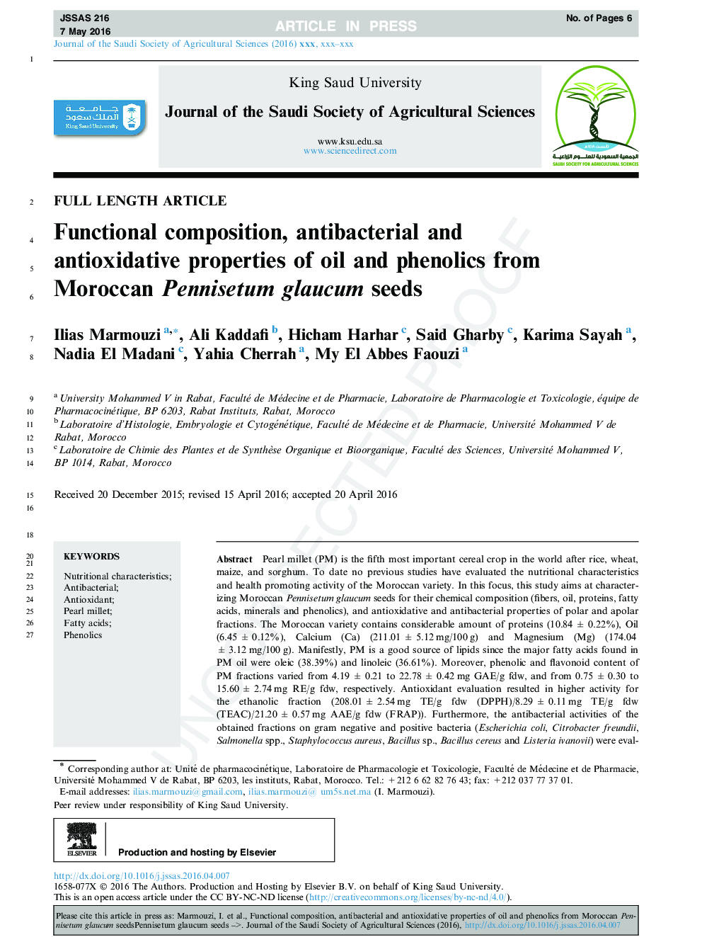 Functional composition, antibacterial and antioxidative properties of oil and phenolics from Moroccan Pennisetum glaucum seeds