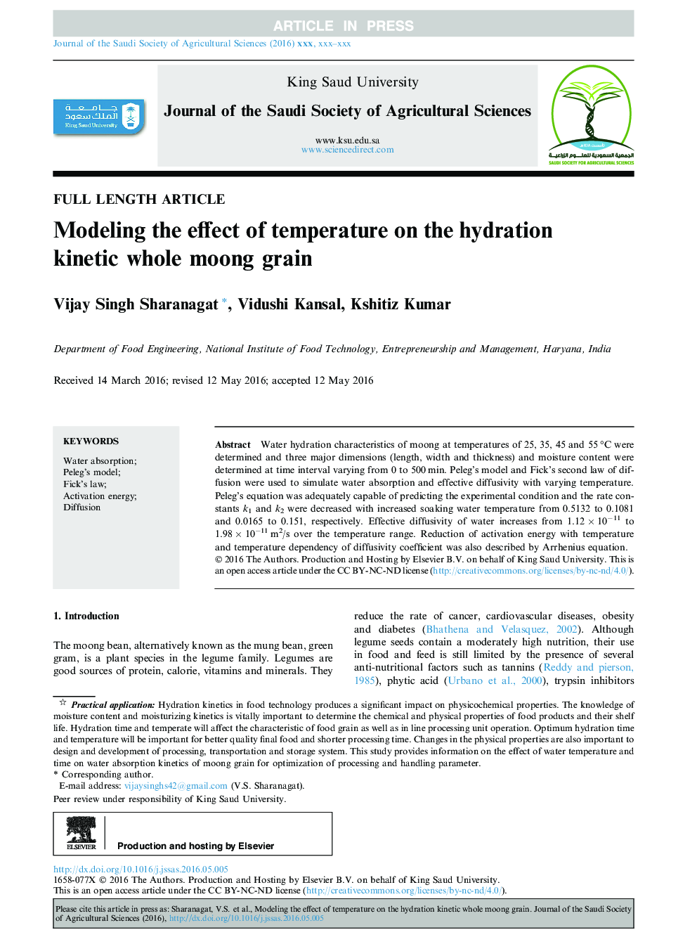 Modeling the effect of temperature on the hydration kinetic whole moong grain