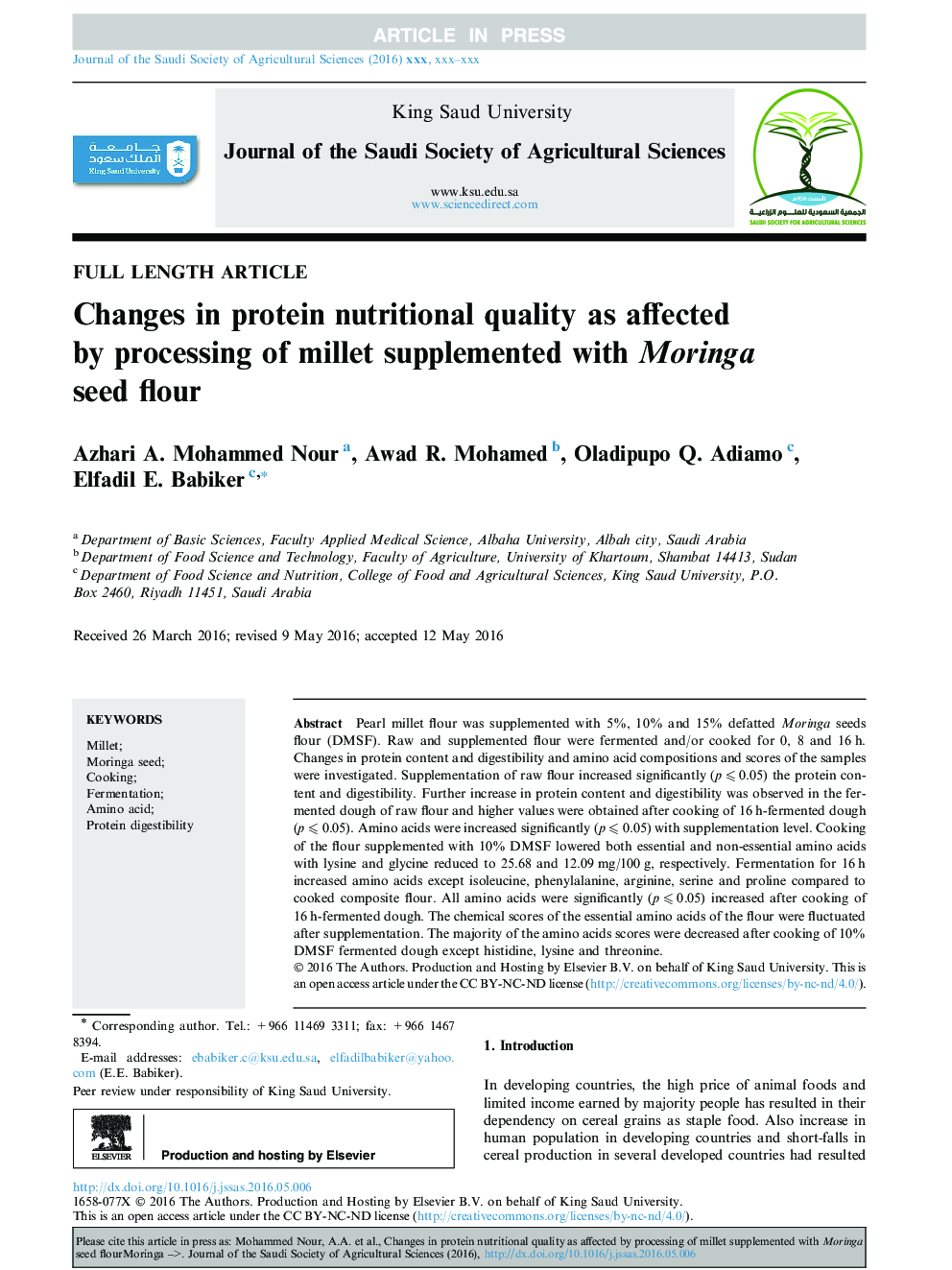 Changes in protein nutritional quality as affected by processing of millet supplemented with Moringa seed flour