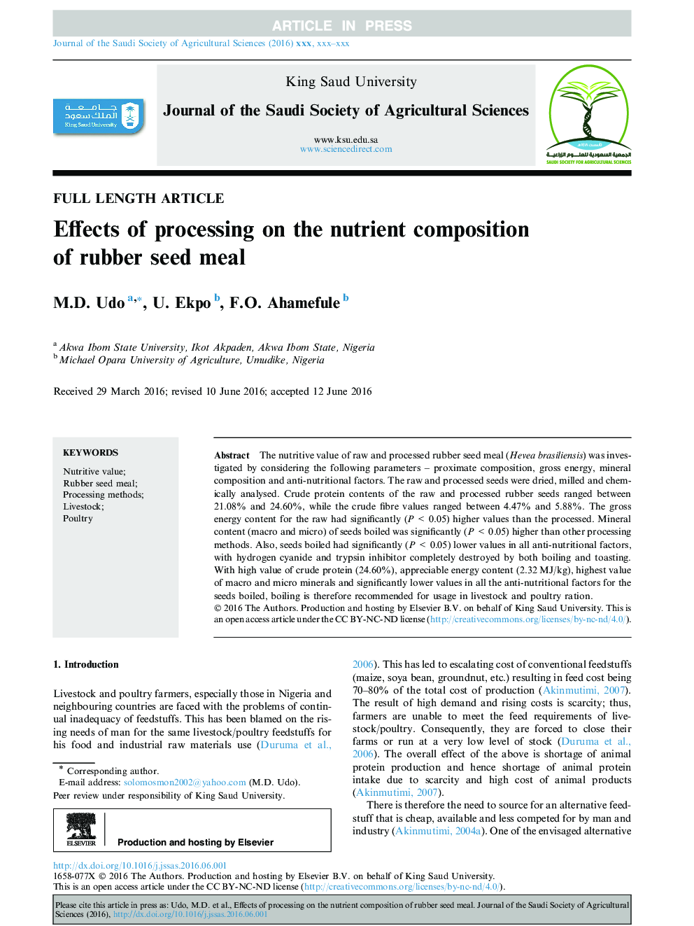 Effects of processing on the nutrient composition of rubber seed meal