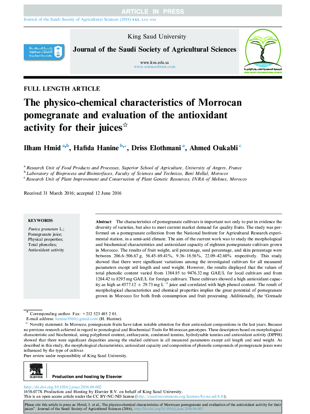 The physico-chemical characteristics of Morrocan pomegranate and evaluation of the antioxidant activity for their juices