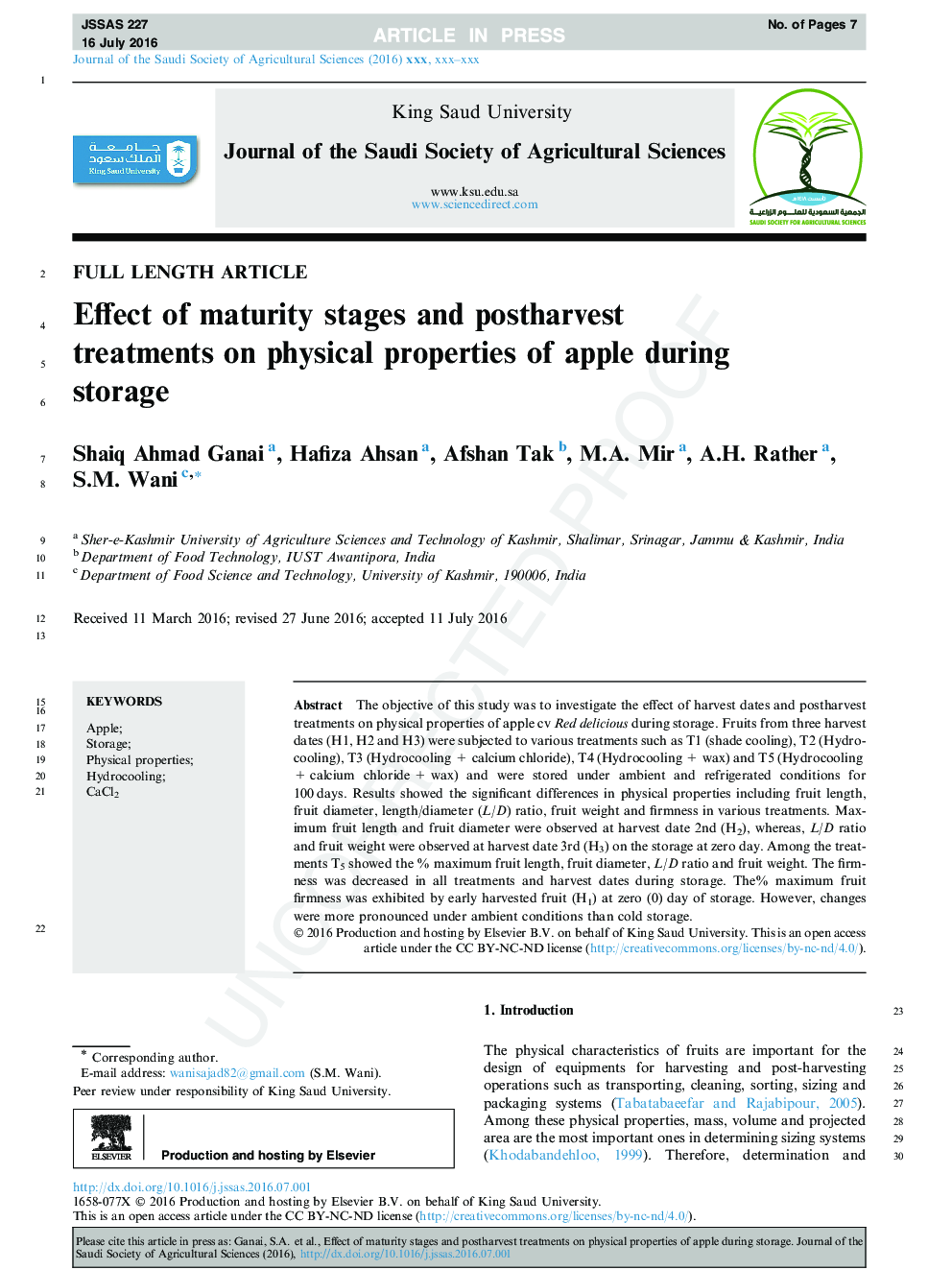 Effect of maturity stages and postharvest treatments on physical properties of apple during storage