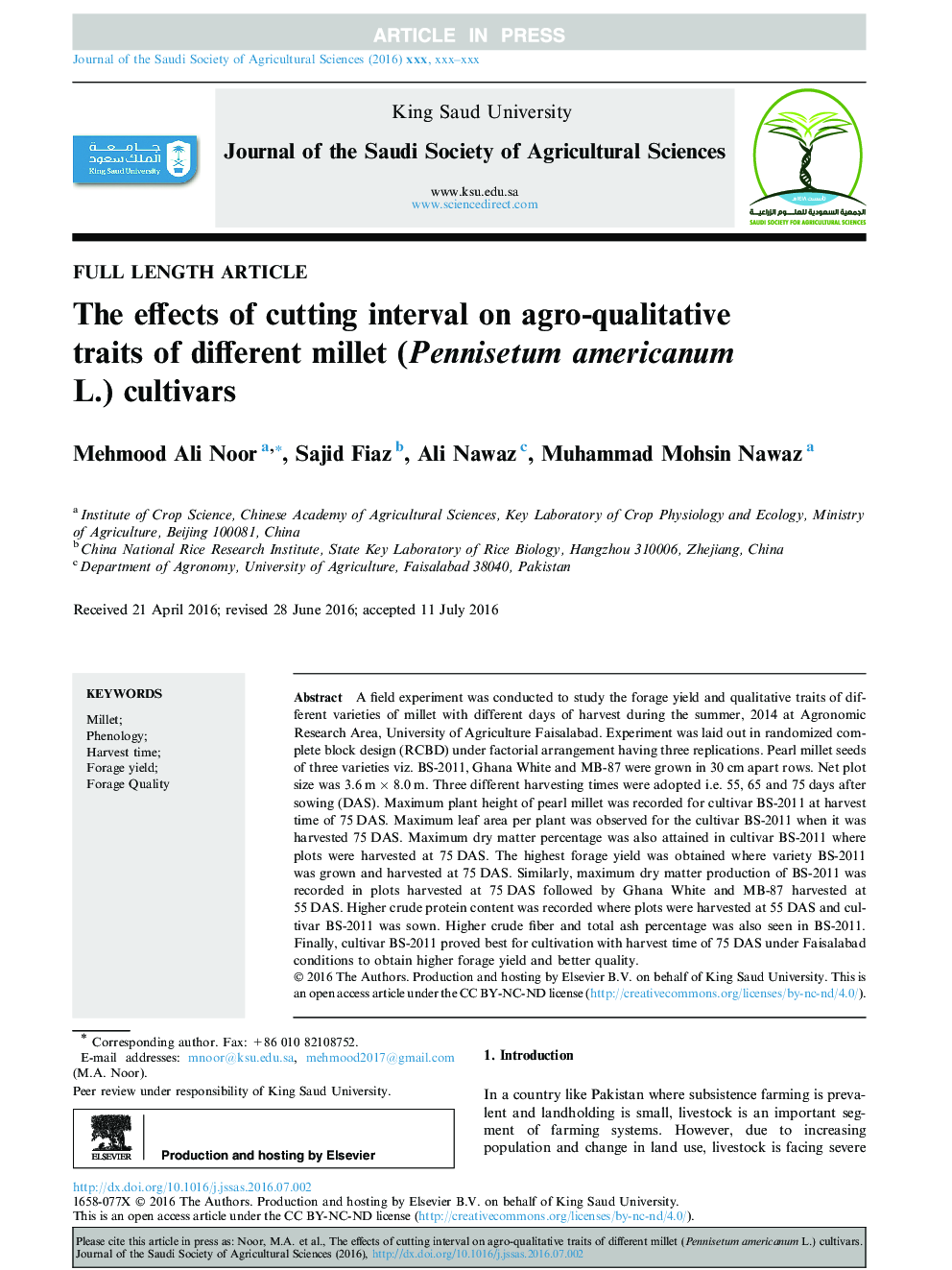The effects of cutting interval on agro-qualitative traits of different millet (Pennisetum americanum L.) cultivars